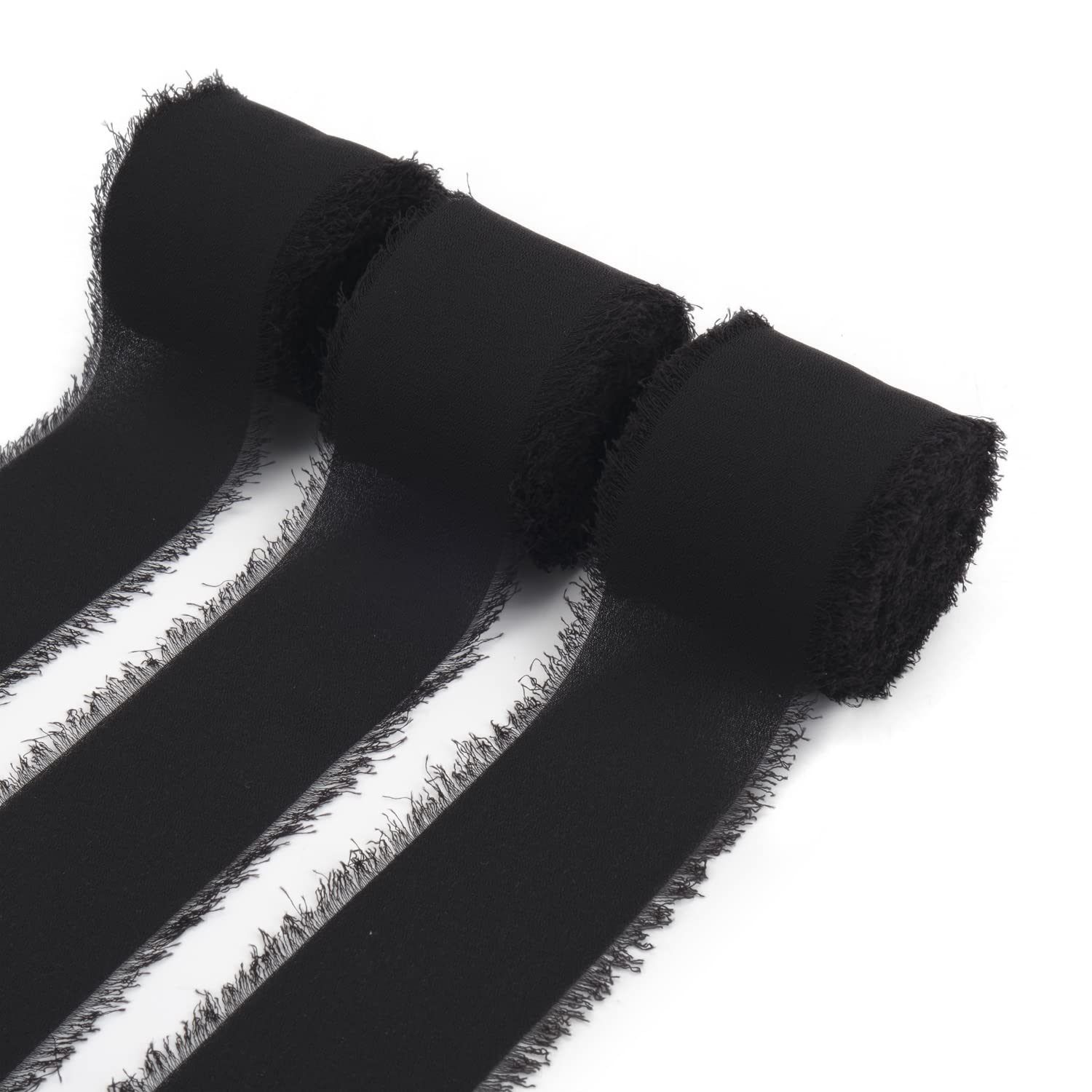 Funin Black Handmade Fringe Chiffon Ribbon - 3 Rolls Silk Ribbon Set (1.5