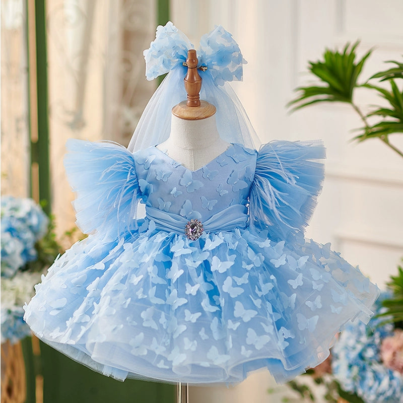 Adorable Blue Butterfly Pageant Dress for Toddler Girls - First Birthday Party Princess Gown | Perfect for Pageants, Photo Shoots & Special Occasions