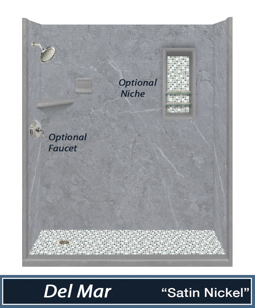 Grio Marble 60-Inch Alcove Shower Kit with 3 Accent Options - Waterproof Shower Pan & Wall Panels (Liner Optional) - Perfect for Bathroom Remodeling & Modern Home Upgrade