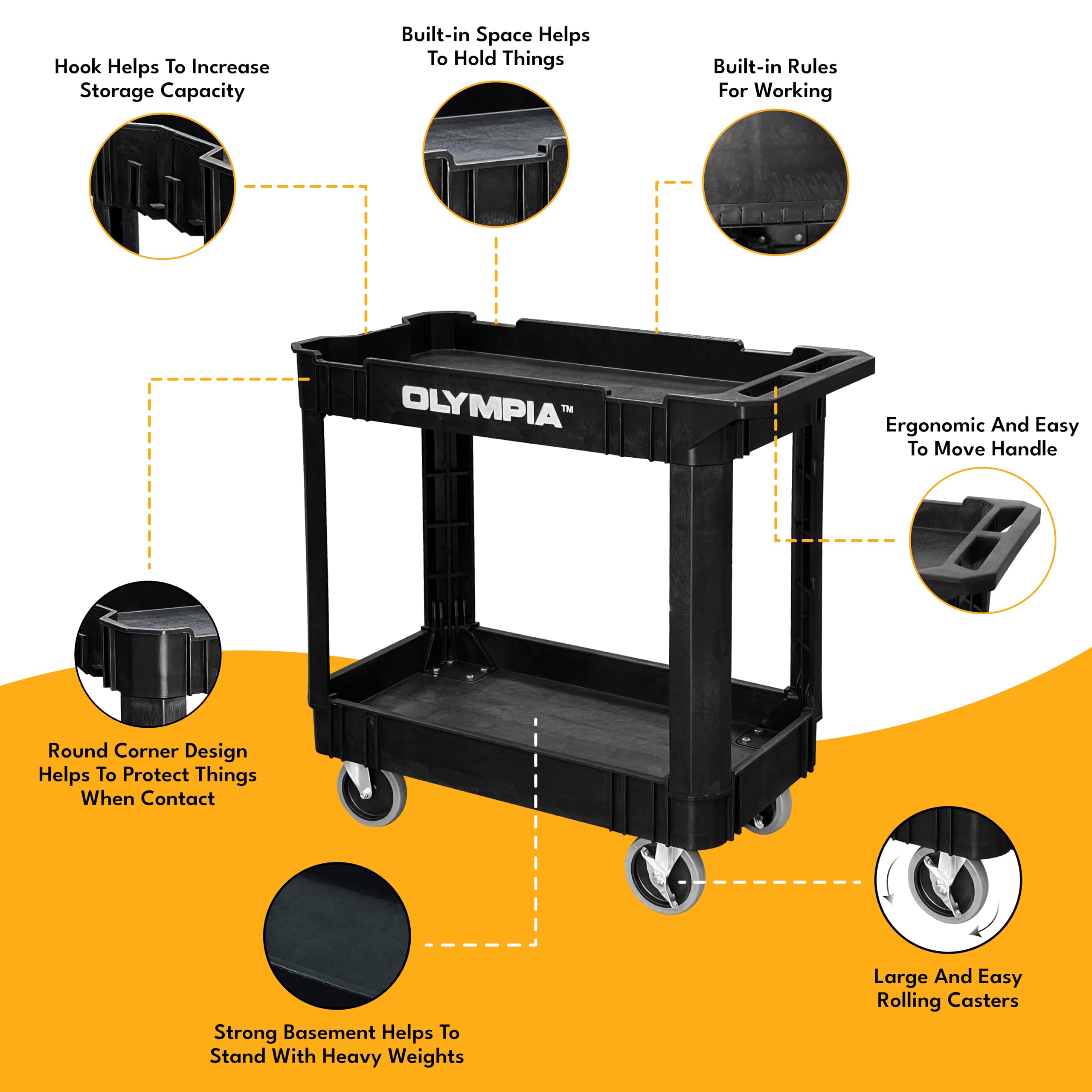Olympia Tools 2-Shelf Rolling Utility Cart 500lbs Capacity - Heavy Duty for Warehouse & Garage
