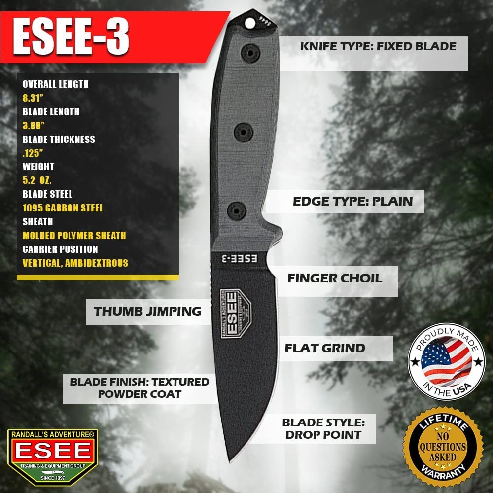 ESEE 3P Fixed Blade Knife - Grey Micarta Handle, Coyote Molded Sheath | Survival Knife for Camping, Hunting & Outdoor Adventures