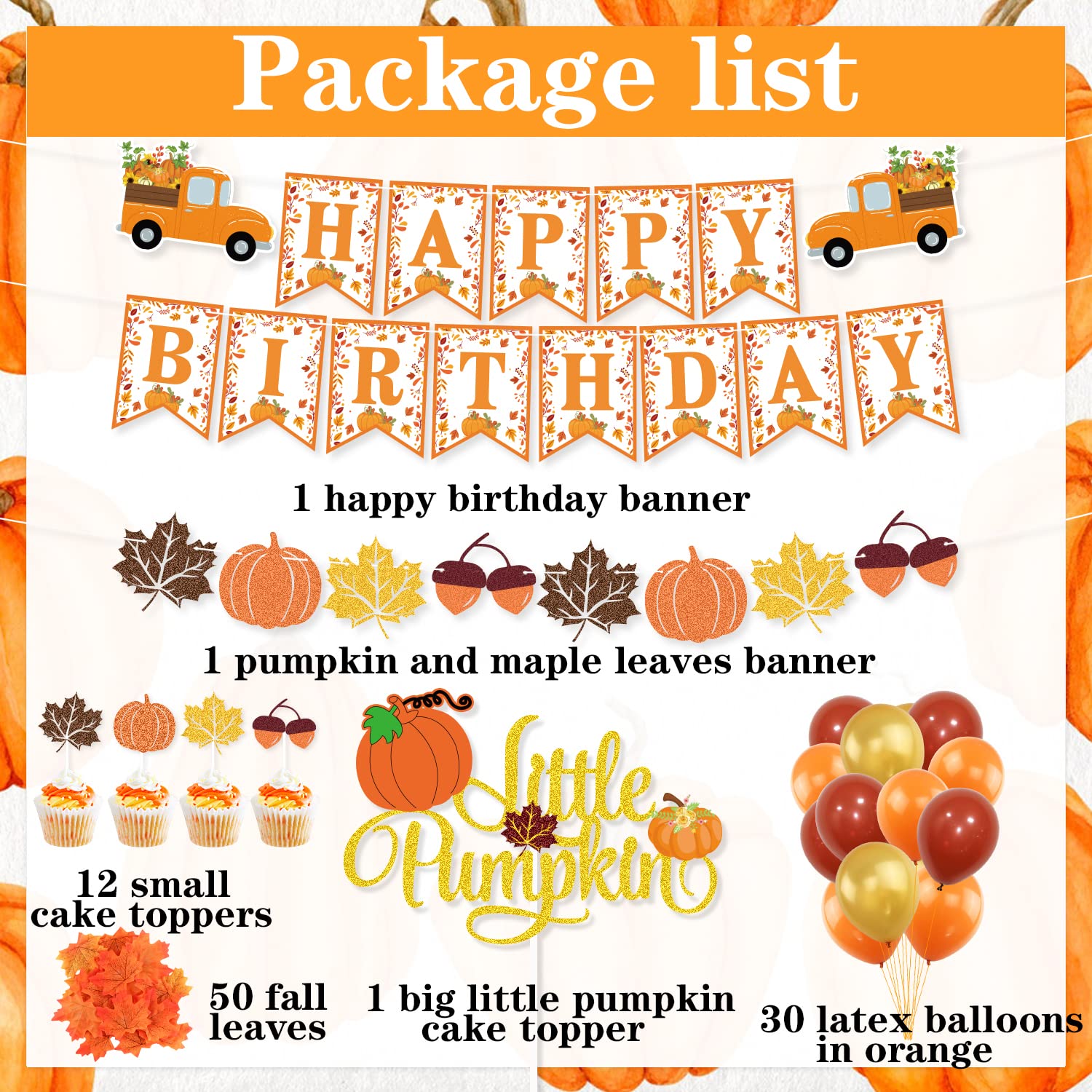 K KUMEED Fall Party Decorations - Little Pumpkin Banner, Maple Leaves Cake Topper & Latex Balloons for Baby Shower, Birthday, Thanksgiving | Autumn Theme Party Supplies for Home & Outdoor Decor