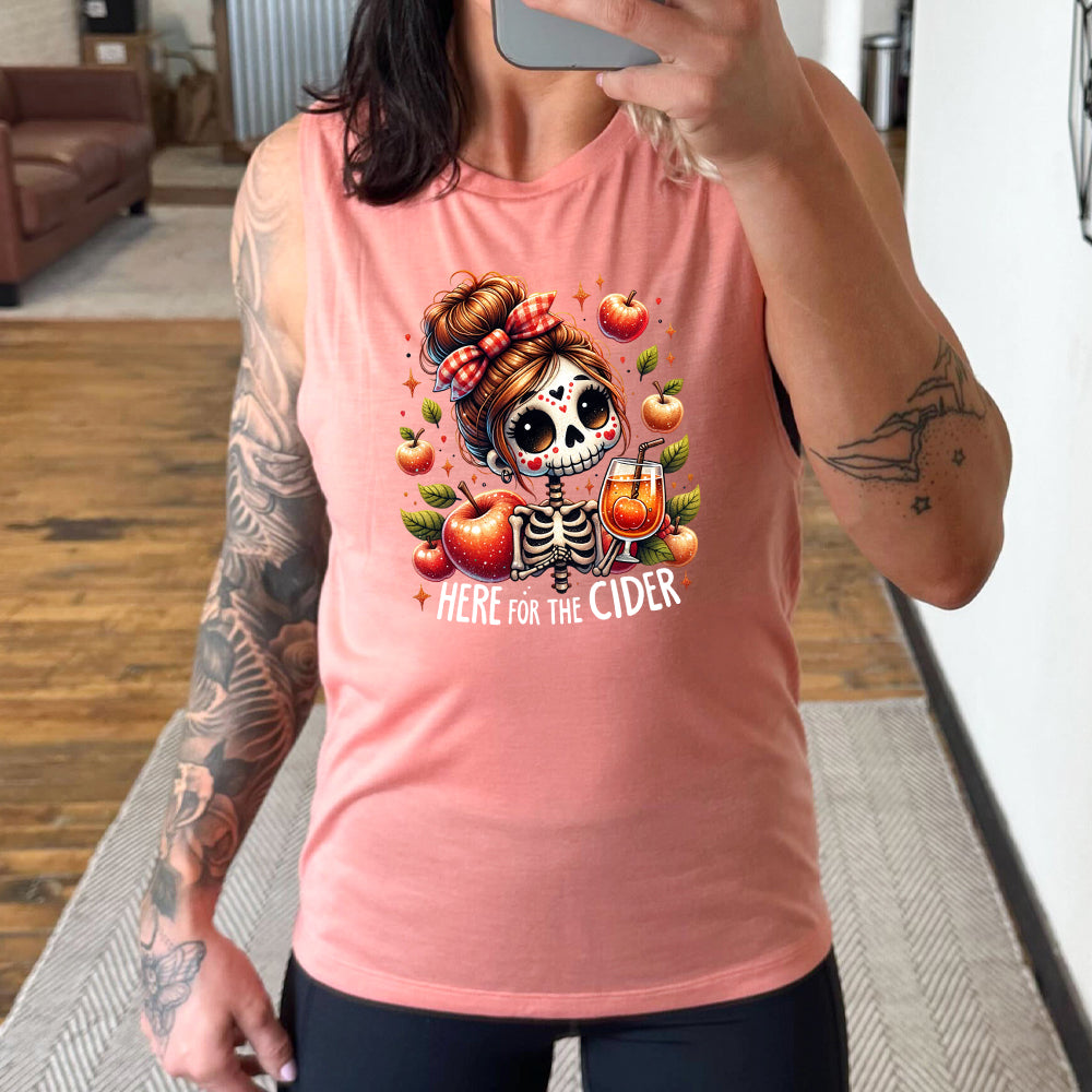 Here For The Cider Muscle Tank Top - Women's Sleeveless Casual Shirt for Summer, Gym & Outdoor Activities