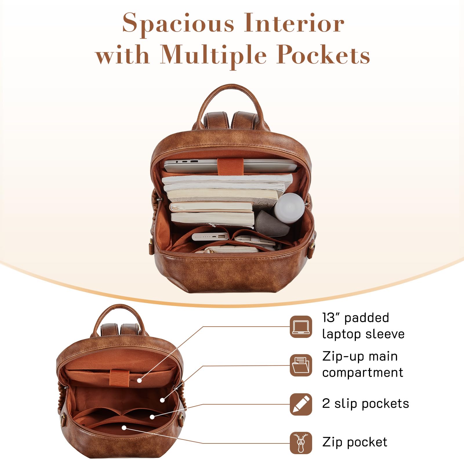 Missnine Women's PU Leather Convertible Backpack Purse - Stylish Shoulder Bag & Satchel for Work, College, Travel with Weave Detail (Coffee Brown) - Perfect for Office Commute, Campus Life & Weekend Getaways