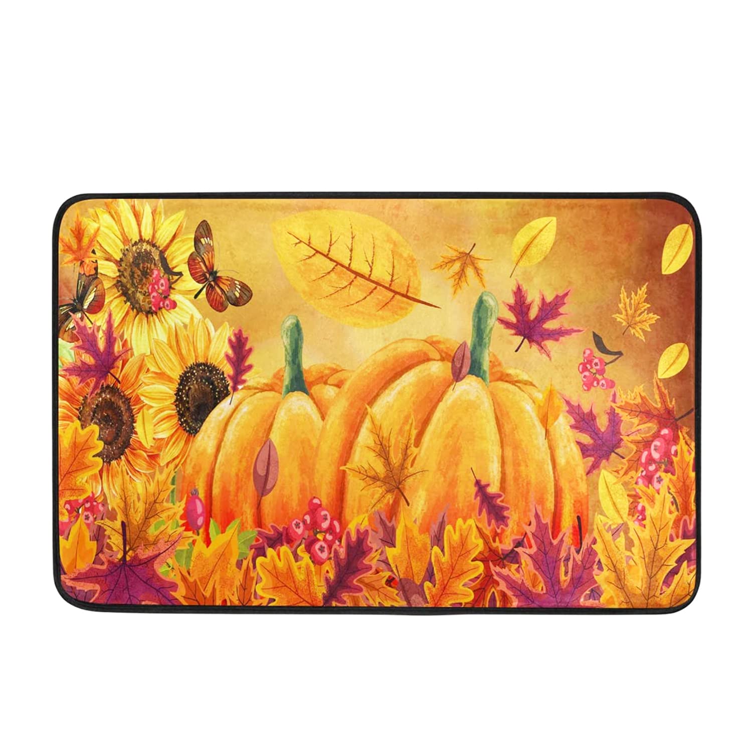 Non-Slip Washable Sunflower Pumpkin Fall Doormat - 23.6x15.7 Inch Indoor/Outdoor Welcome Mat with Autumn Flowers & Maple Leaves Design for Entrance, Bathroom, Porch - Perfect for Thanksgiving & Seasonal Home Decor