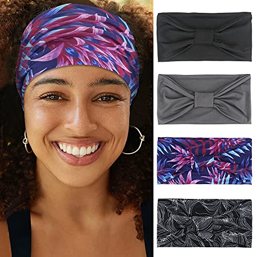 4 Pack Non-Slip Yoga Headbands for Women - Wide Stretchy Workout Headbands for Running, Fitness & Sports - Comfortable Sweatbands for Gym, Tennis, Pilates & Active Lifestyle