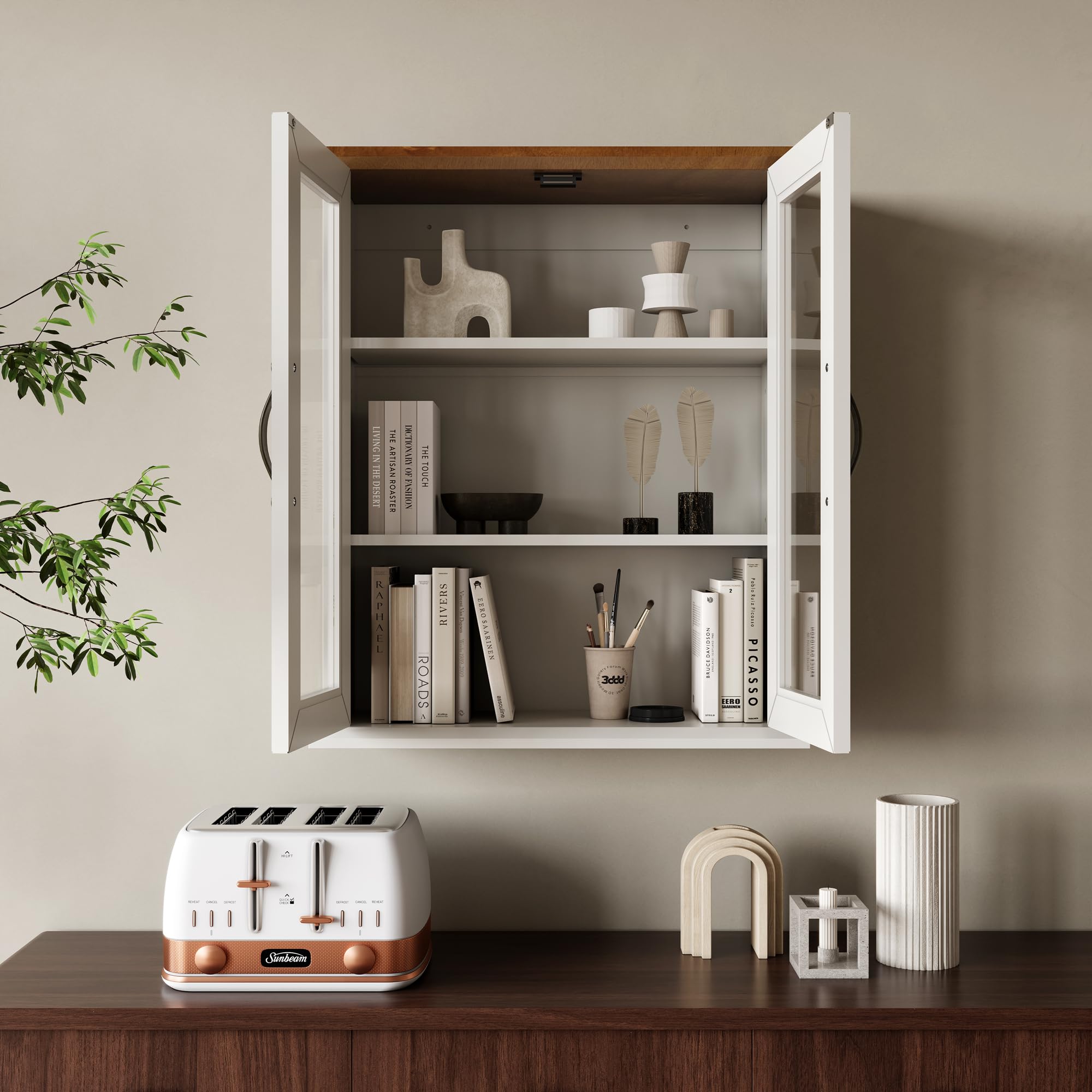 ChooChoo Wooden Medicine Cabinet with Acrylic Doors - Adjustable Shelf Bathroom Wall Cabinet for Over The Toilet - Rustic Wall Mount Storage for Bathroom, Kitchen & Living Room in Soft White & Brown - Perfect for Organizing Toiletries, Cosmetics & Small Essentials