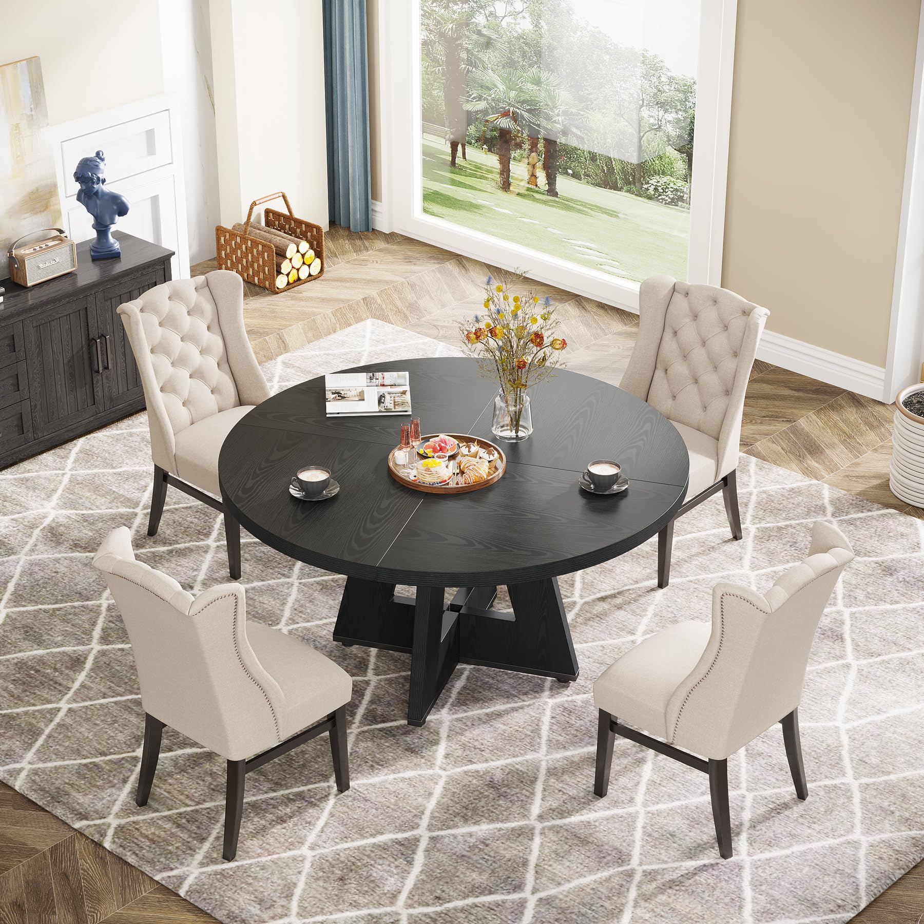 Tribesigns 47 Inch Round Farmhouse Dining Table - Rustic Wooden Dinner Table for 4, Perfect for Home Dining Room & Living Room | Ideal for Family Meals, Entertaining Guests & Small Space Decor (Black)