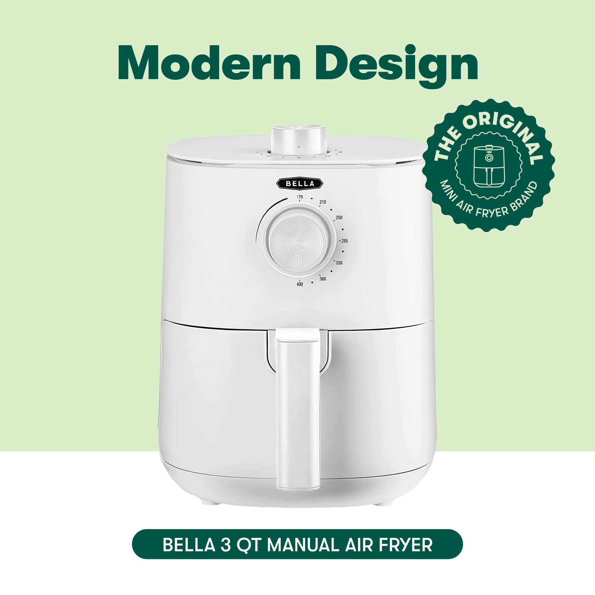 BELLA 3 Qt Manual Air Fryer Oven - 5-in-1 Multicooker with Removable Nonstick Basket & Dishwasher Safe Crisping Tray | 1400W Powerful Heating System | Matte White | Perfect for Healthy Cooking, Meal Prep & Family Dinners