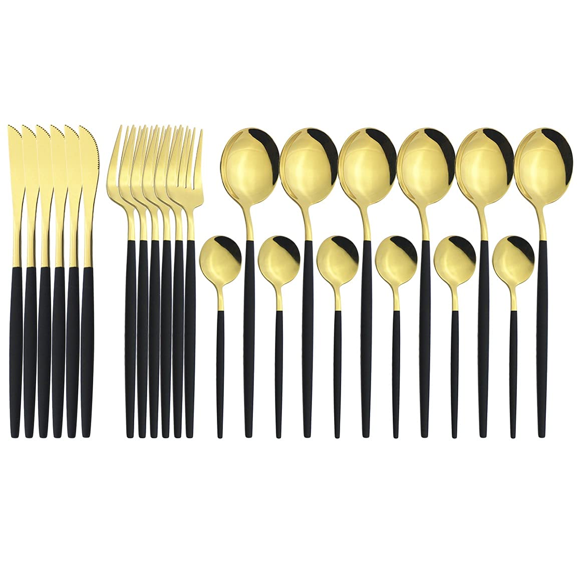 24-Piece Stainless Steel Flatware Set - Gold Silverware Cutlery Set with Dinner Knives, Forks & Coffee Spoons - Elegant Black Gold Kitchen Tableware for Dining, Parties & Gifts