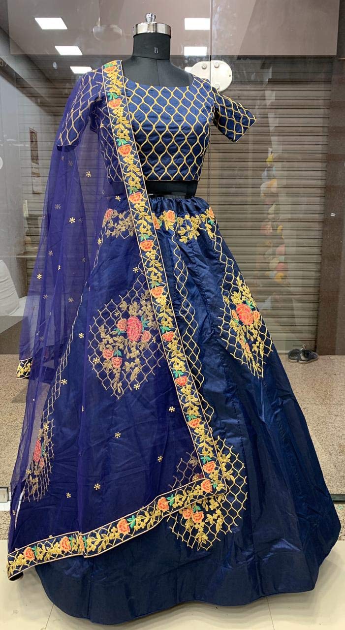 Indian Wedding Art Silk Bridal Lehenga with Dupatta for Women – Navy Blue Free Size | Perfect for Bridal Ceremonies, Sangeet & Mehendi Functions