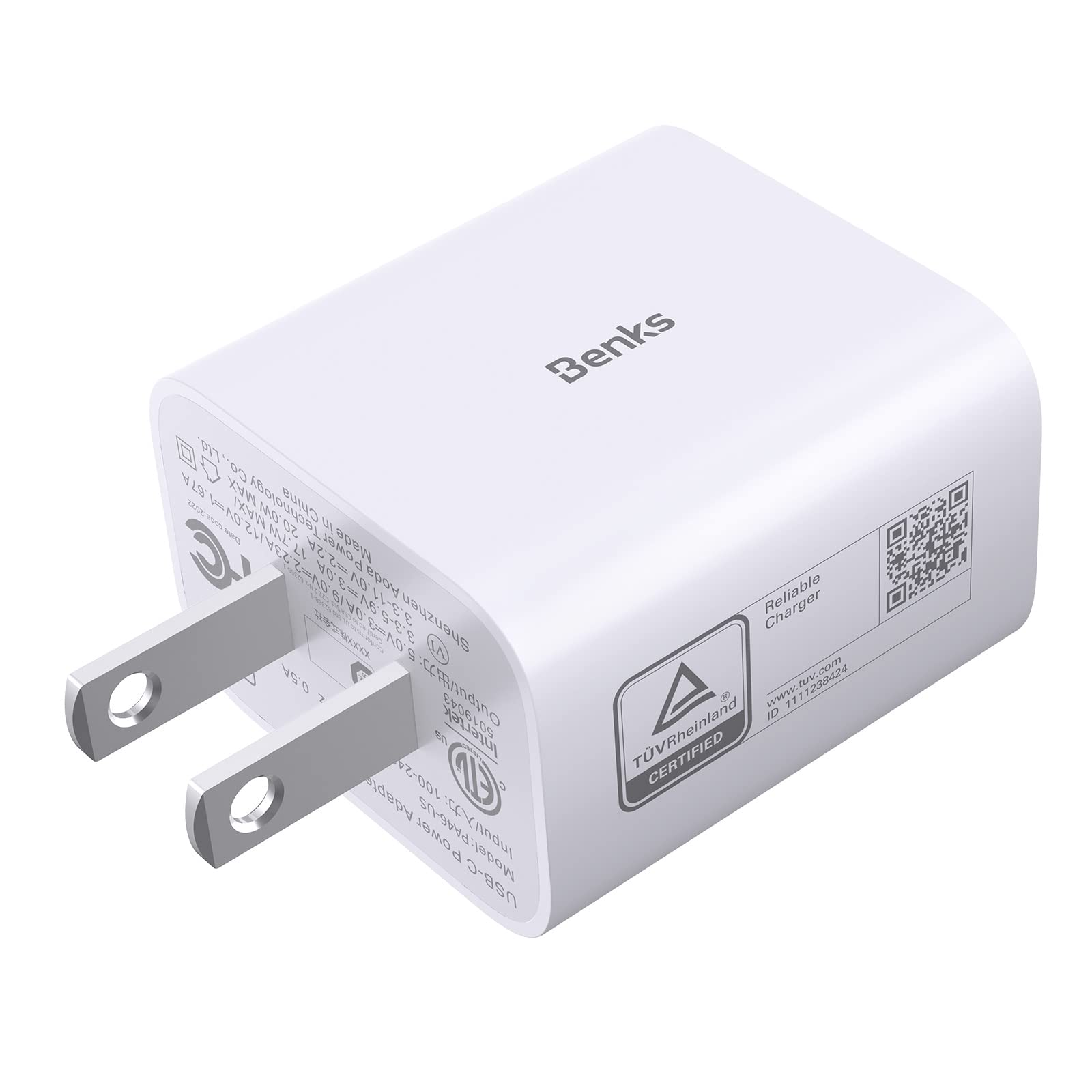 BENKS 20W USB C Fast Charger for iPhone 14/14 Plus/14 Pro/14 Pro Max/13/13 Mini/13 Pro/13 Pro Max/12 Series - TÜV Certified PD Wall Charger with Fast Charging Technology | Perfect for Home, Office & Travel