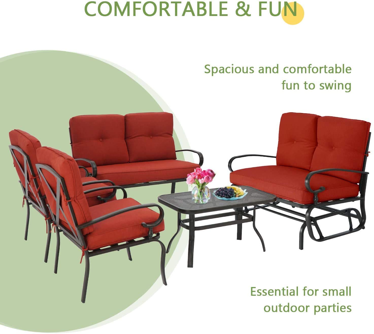 **Crownland Outdoor 5-Piece Patio Conversation Set with Swing Glider, Loveseat, Coffee Table & 2 Lounge Chairs – Metal Frame & Red Cushions – Perfect for Backyard, Garden, or Poolside Relaxation**