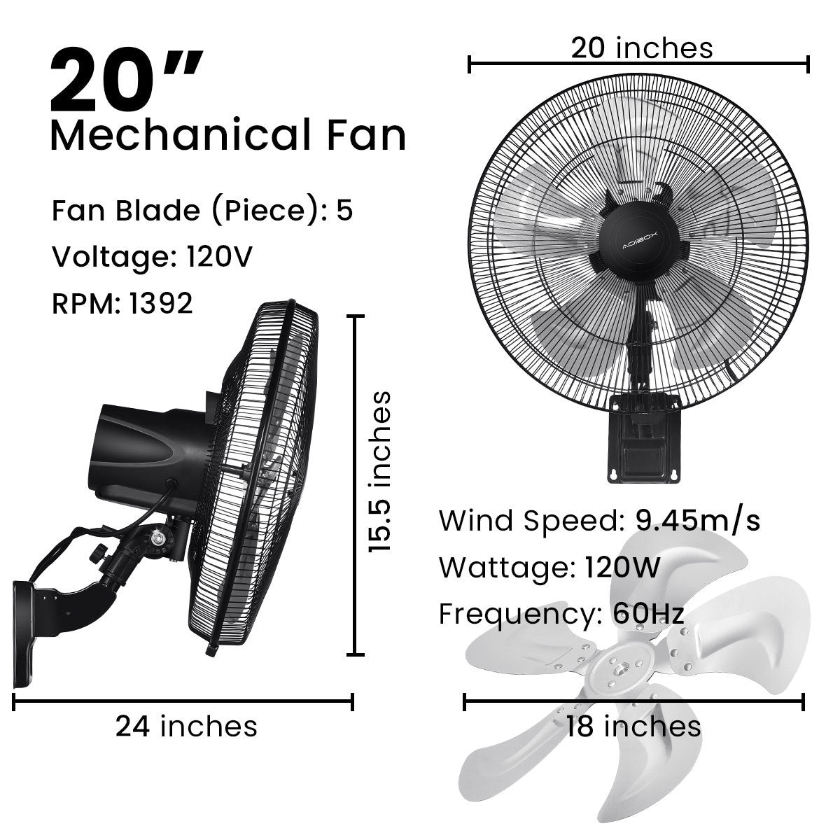 18 Inch 90 Degree Oscillating Wall Mount Fan - 5 Speed Settings, Black - Indoor/Outdoor Use for Home, Office, Garage, and Commercial Spaces