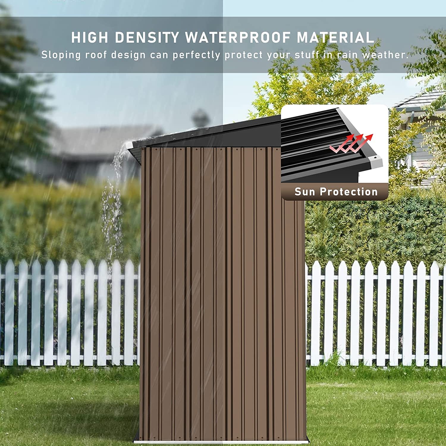 LEMBERI 5x3 FT Outdoor Storage Shed with Floor - Heavy Duty Galvanized Steel Garden Shed with Lockable Door, Waterproof & Rustproof Tool Shed for Backyard, Patio, Lawn (Brown) - Perfect for Storing Gardening Tools, Lawn Equipment & Outdoor Furniture