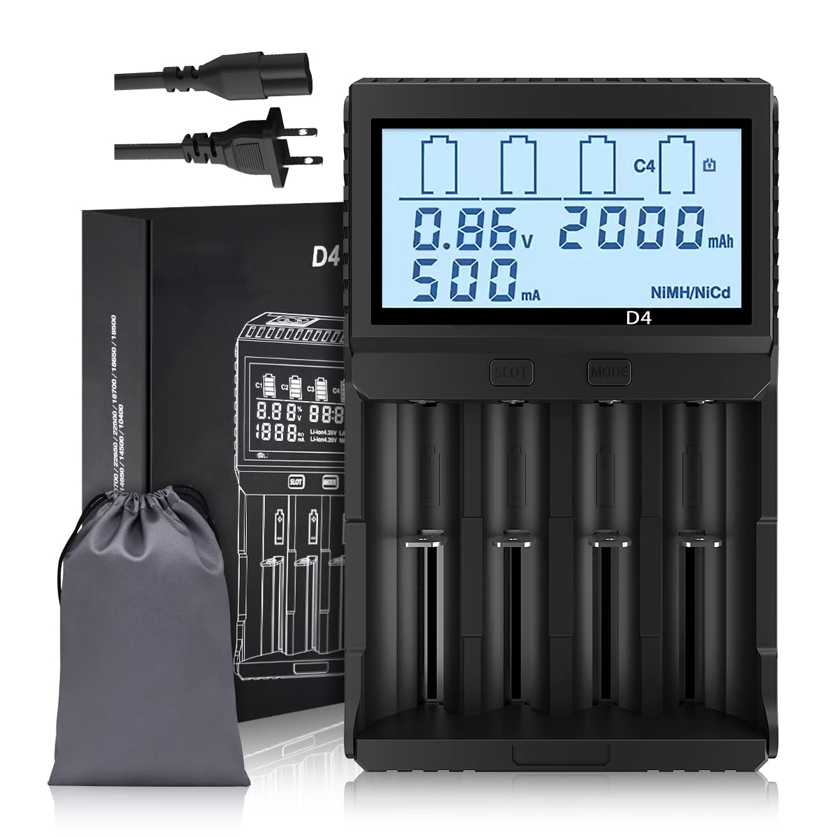 18650 Battery Charger with LCD Display - 4 Bay Universal Charger for 3.7V LiFePO4, IMR 18650, 14500, 16340, RCR123A, 21700, 26650 & Ni-MH/Ni-CD AA AAA Batteries - Smart Testing Function for Home, Office, and Emergency Power Supply