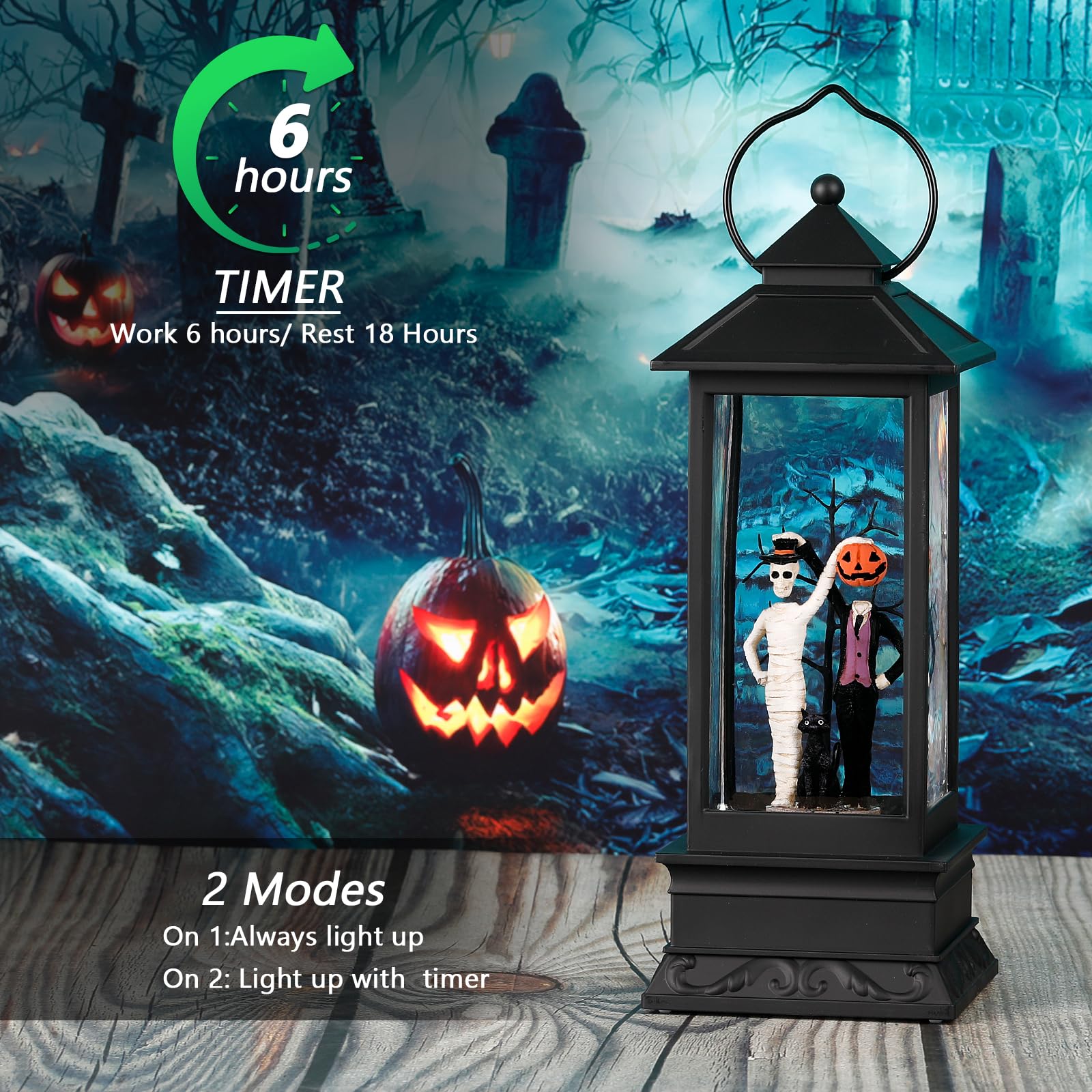 **Halloween Snow Globes with Skull & Black Cat Scene - Glittering LED Lantern with Timer, USB/Battery Powered for Spooky Home Decor - Perfect for Halloween Parties, Indoor & Outdoor Displays**