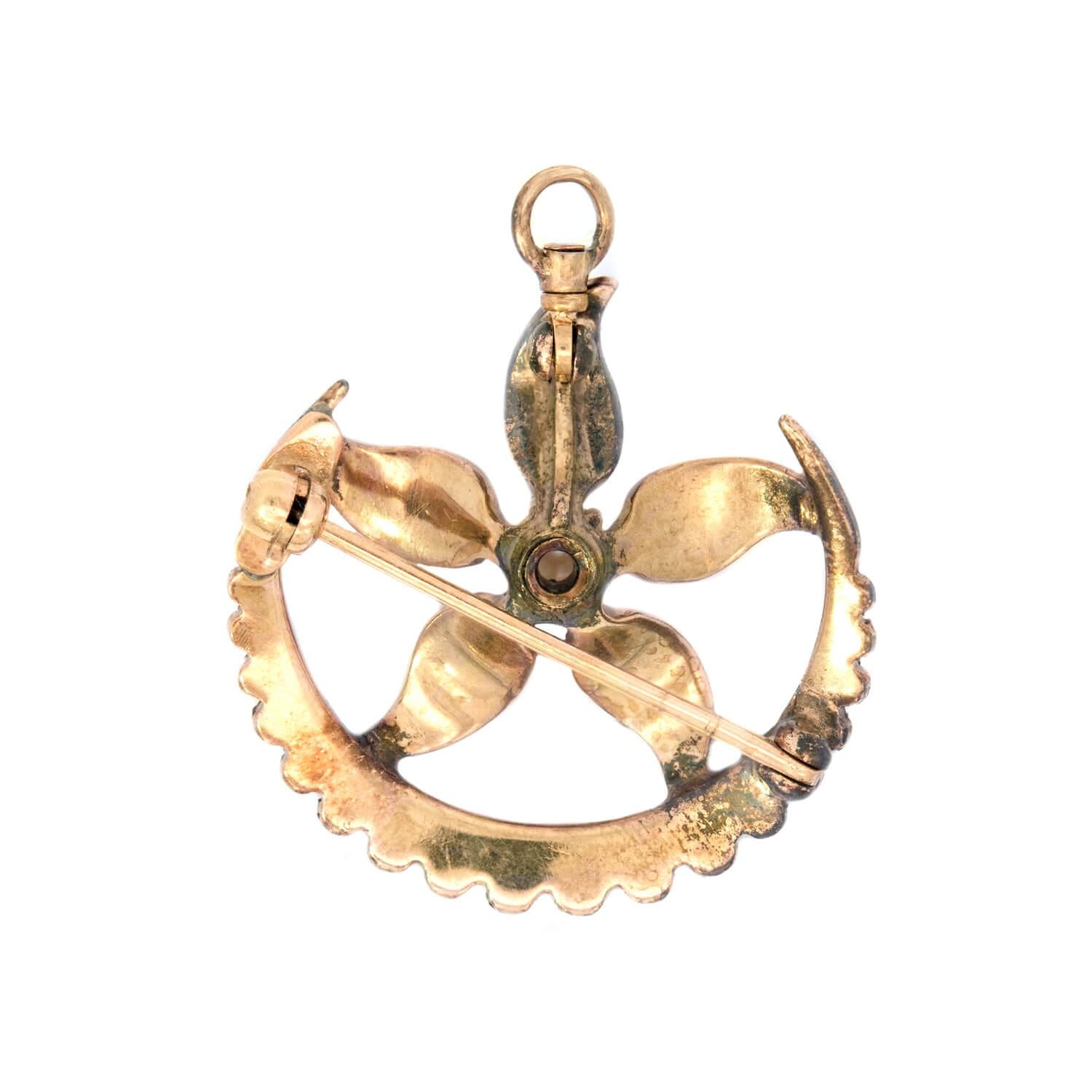 Victorian Style 14k Gold Pearl Flower & Crescent Moon Brooch Pendant - Elegant Vintage Jewelry for Weddings, Parties & Special Occasions