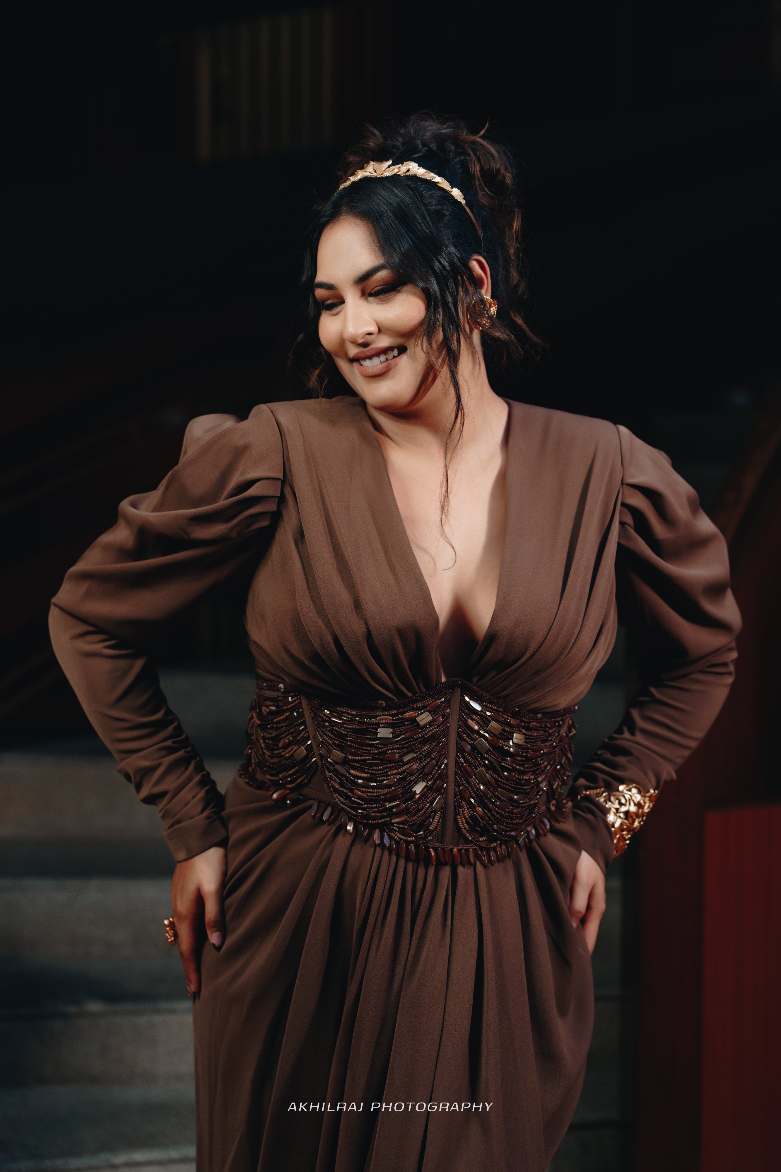 Sakshi Sindhwani Dark Tan Corset Dress with High Slit - Elegant Evening Gown for Parties, Weddings & Special Occasions