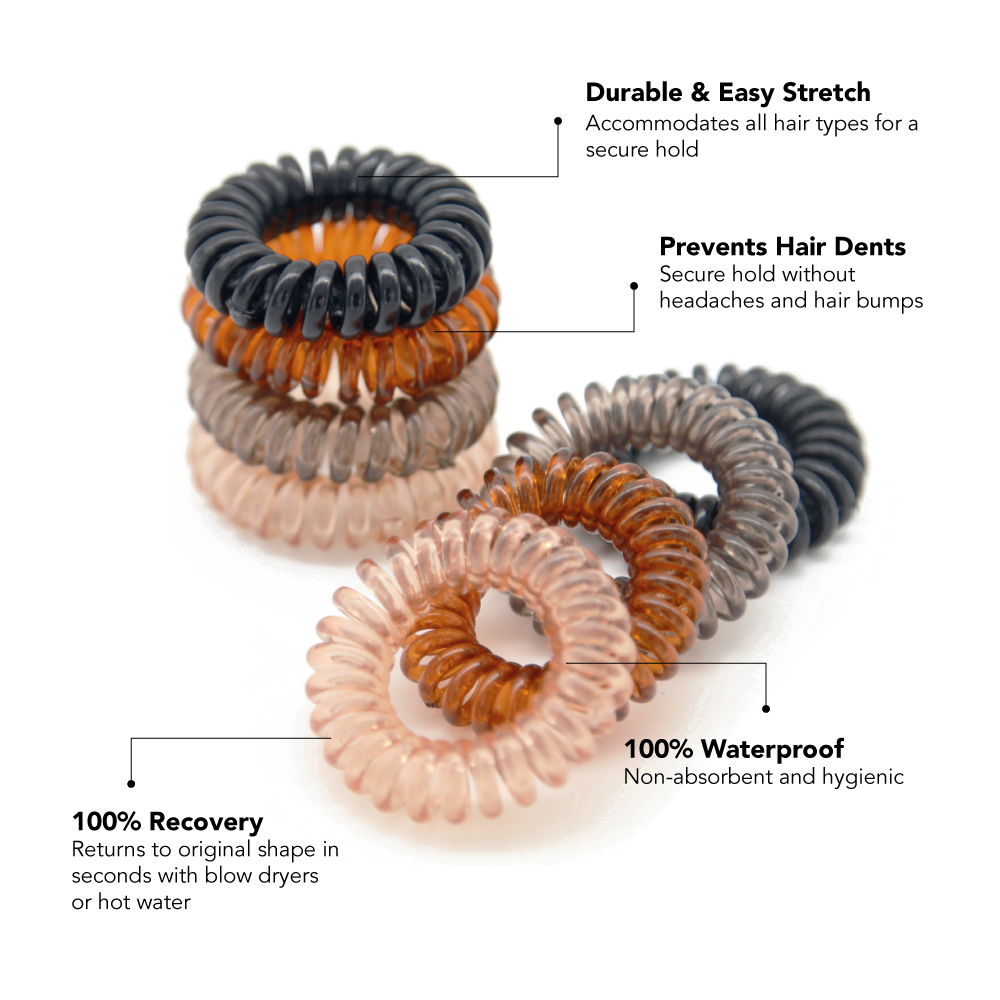 Waterproof Spiral Hair Ties for Women - 8 Pack No Slip Elastic Hair Bands for Running, Swimming, Yoga & Workout - Gentle on Hair No Crease Ponytail Holders
