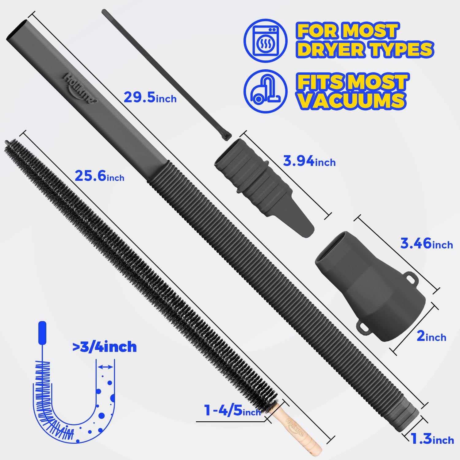 Holikme Upgraded 2-Piece Dryer Vent Cleaning Kit - Lint Remover Vacuum Attachment & Brush for Most Vacuum Cleaners - Efficient Lint Removal for Safer Dryer Performance - Perfect for Home Laundry, RV & Apartment Maintenance