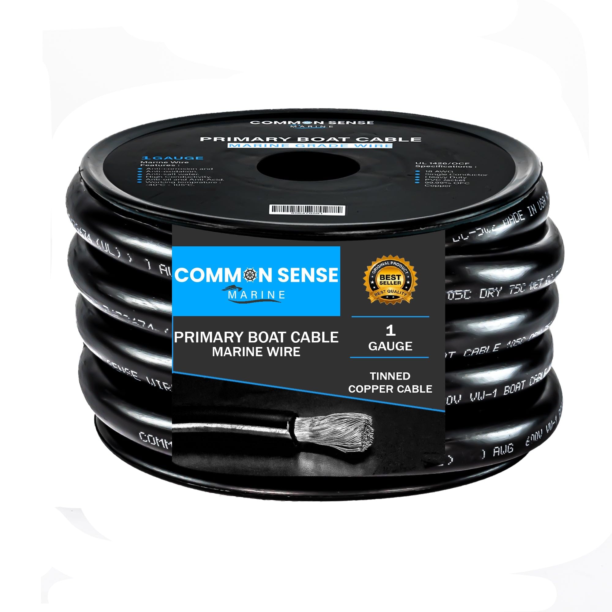 1 Gauge Primary Boat Cable - 30 ft Marine Grade Tinned Oxygen-Free Copper Wire - 1 AWG UL 1426 Standard PVC Wire for Boat, Automotive, Speakers, Camper & Trailers - Perfect for Marine Electrical Systems, Car Audio Installations, and RV Wiring