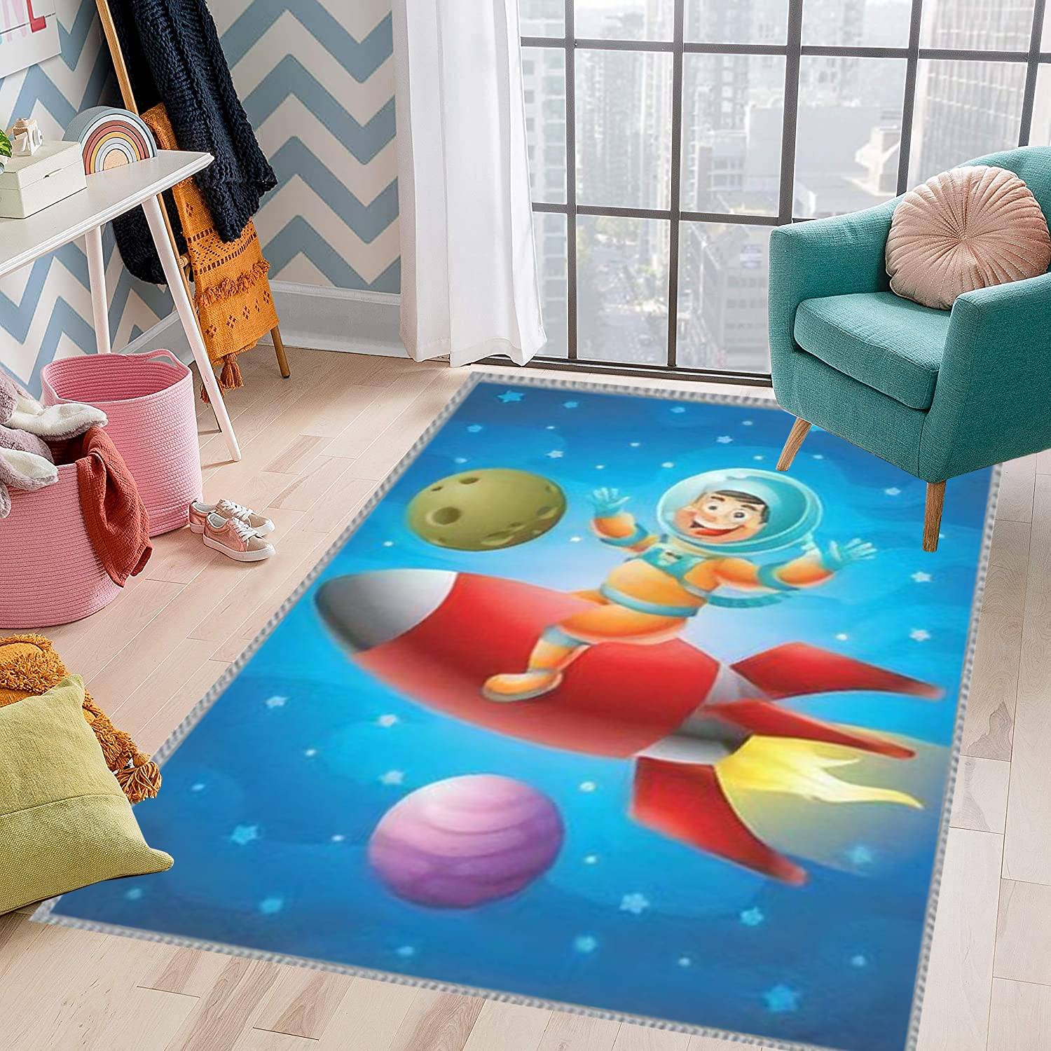 3D Astronaut Riding Red Rocket Ship Space Rug - Extra Large 5x8 ft Kids Play Carpet for Bedroom, Playroom & Nursery - Fun Learning & Playing Decor for Boys & Girls - Perfect for Space-Themed Rooms & Educational Play Areas
