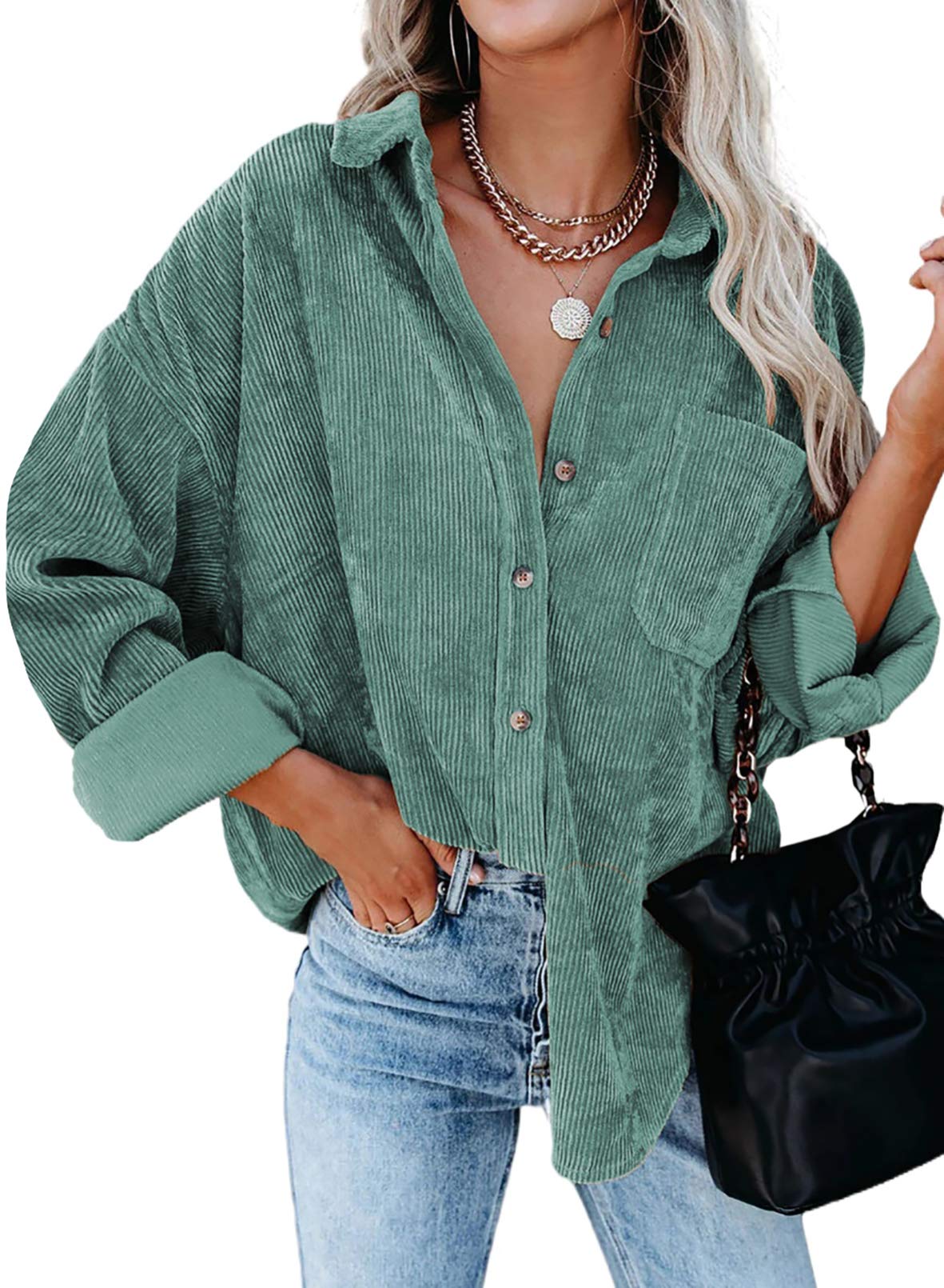 Dokotoo Women's Corduroy Button Down Shirt - Long Sleeve Oversized Boyfriend Blouse for Casual & Work Wear | Fall Winter Fashion Tops