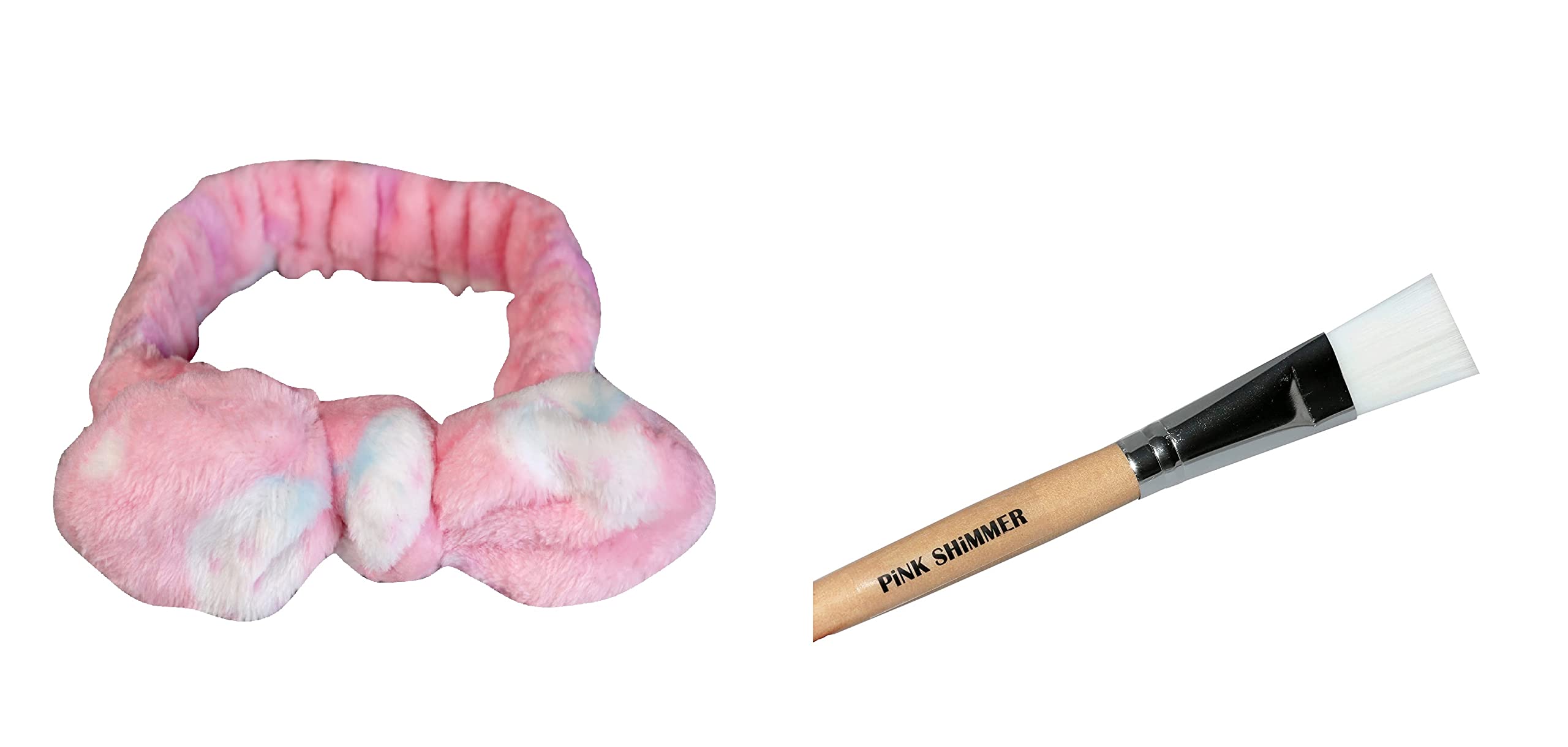 Pink Shimmer Velvet Stretchable Facial Headband with Face Pack Brush - 2 Pack Set for Spa, Skincare & Makeup Routine at Home