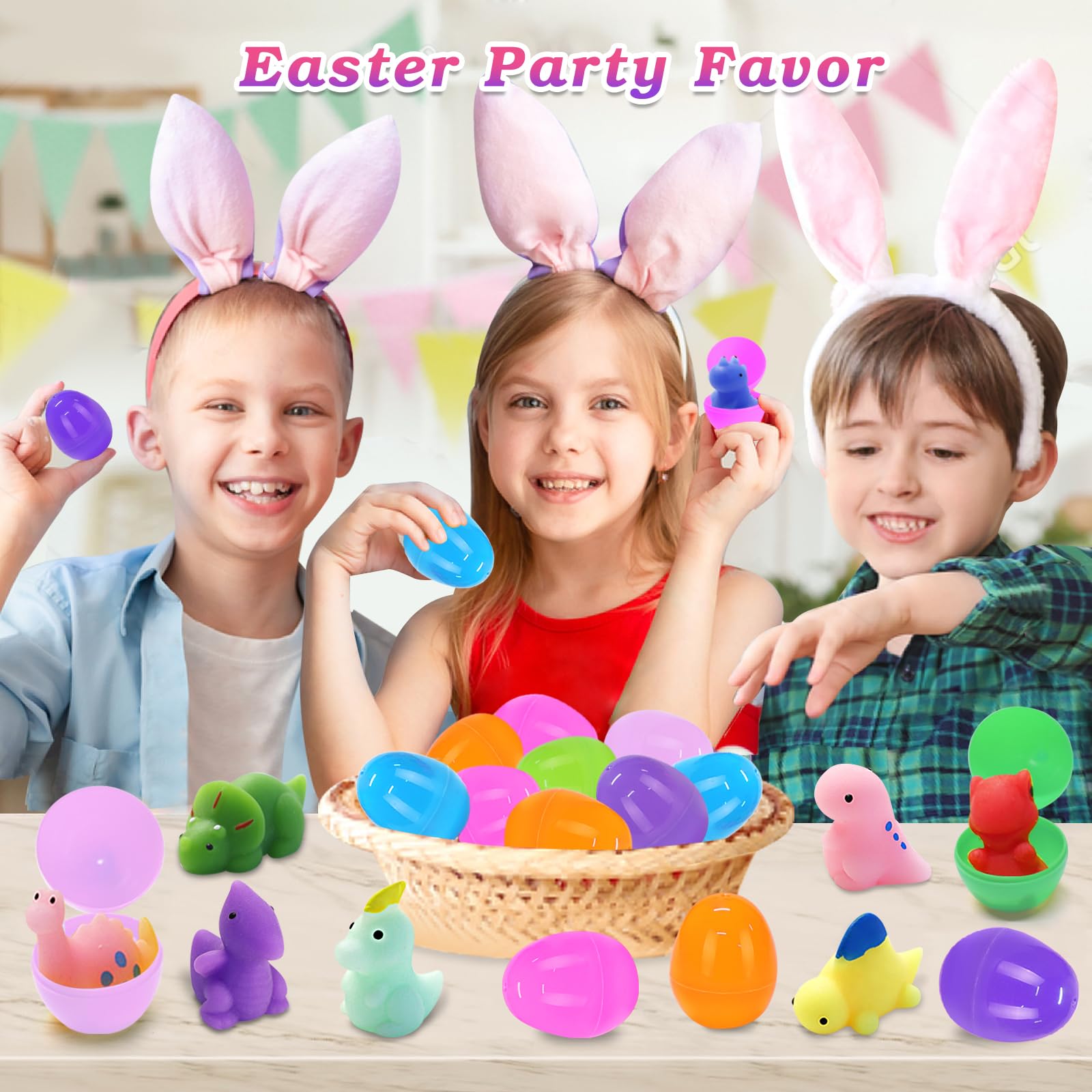 24 Pack Filled Easter Eggs with Squishy Toys Inside - Dinosaur Squishies for Easter Basket Stuffers, Party Favors & Classroom Rewards - Perfect for Easter Egg Hunt, Kids Party Gifts & School Prizes