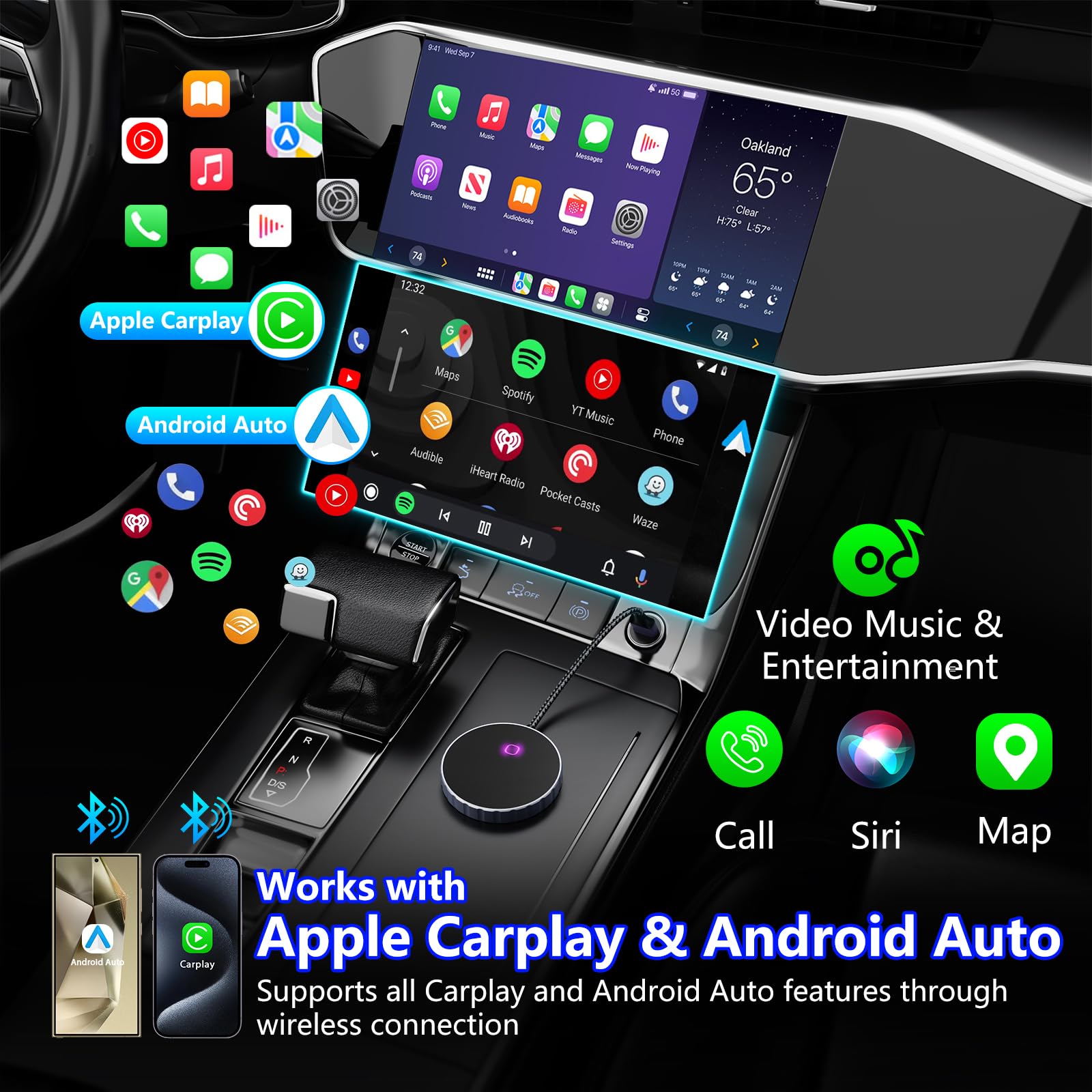 2024 Wireless CarPlay & Android Auto Adapter - 2-in-1 for Factory Wired Cars | Seamless Driving Connection