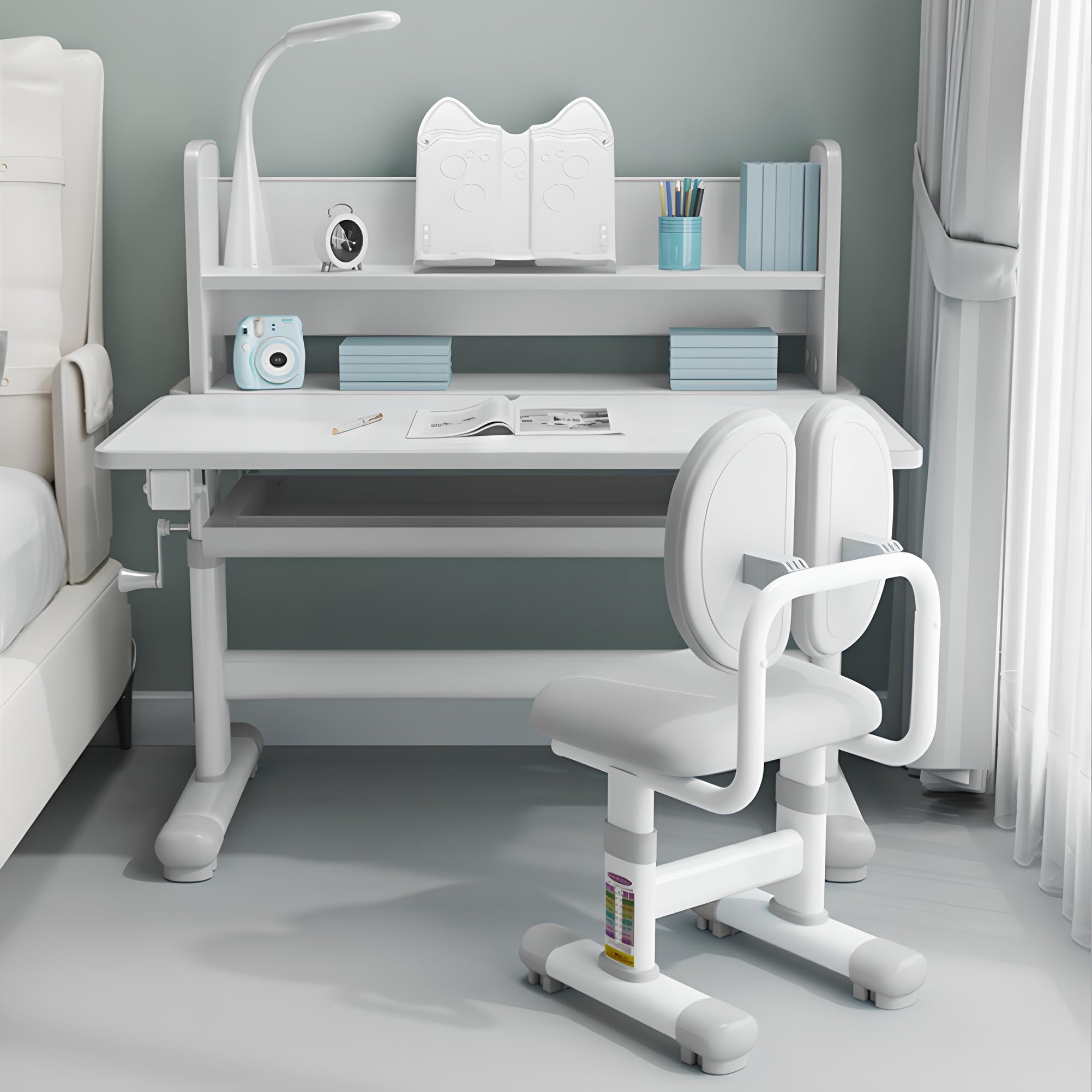 Adjustable Ergonomic Study Desk and Chair Set with Tilt Desktop, Storage Drawers, LED Light & Bookstand - Perfect for Home Office, School & Gaming Workstation (Gray)