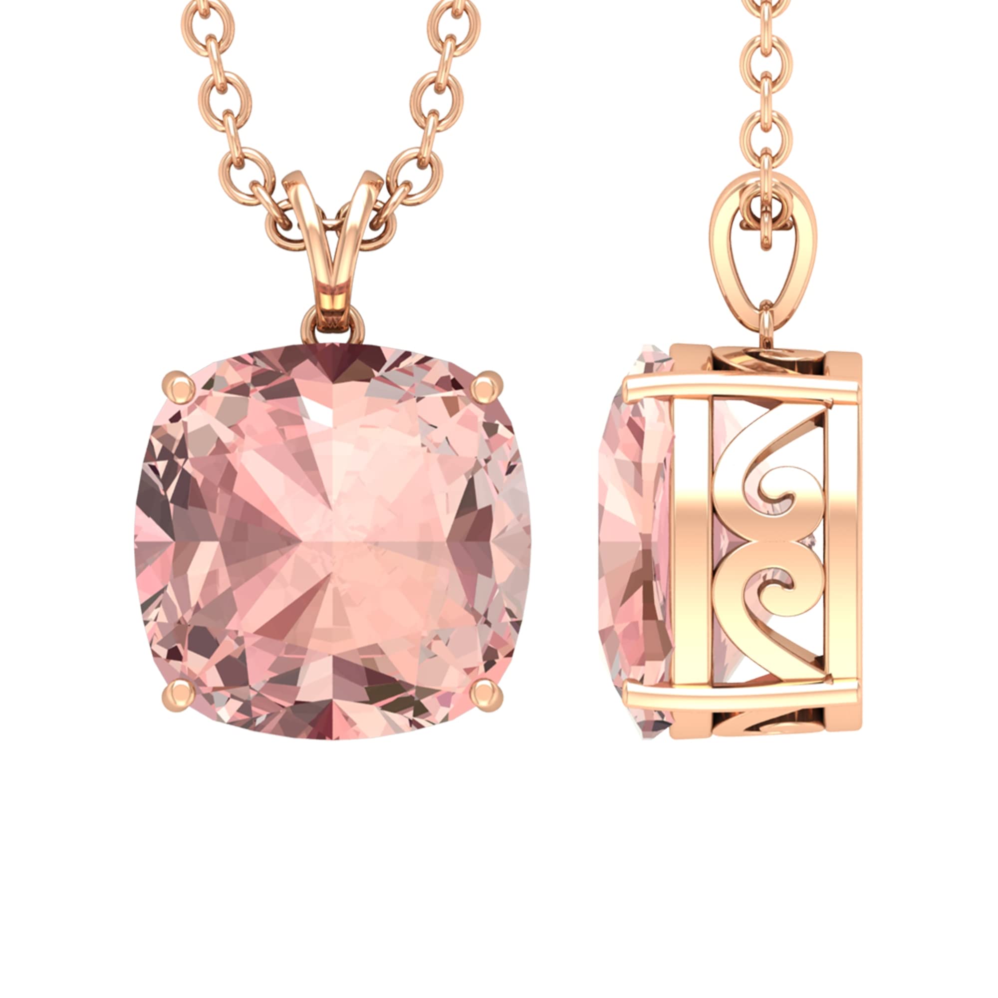 2 CT Morganite Solitaire Pendant Necklace - 14K Solid Gold with Rabbit Ear Bail, Cushion Cut Gemstone Jewelry for Women - Perfect for Valentine's Day, Anniversary & Special Occasion Gifts