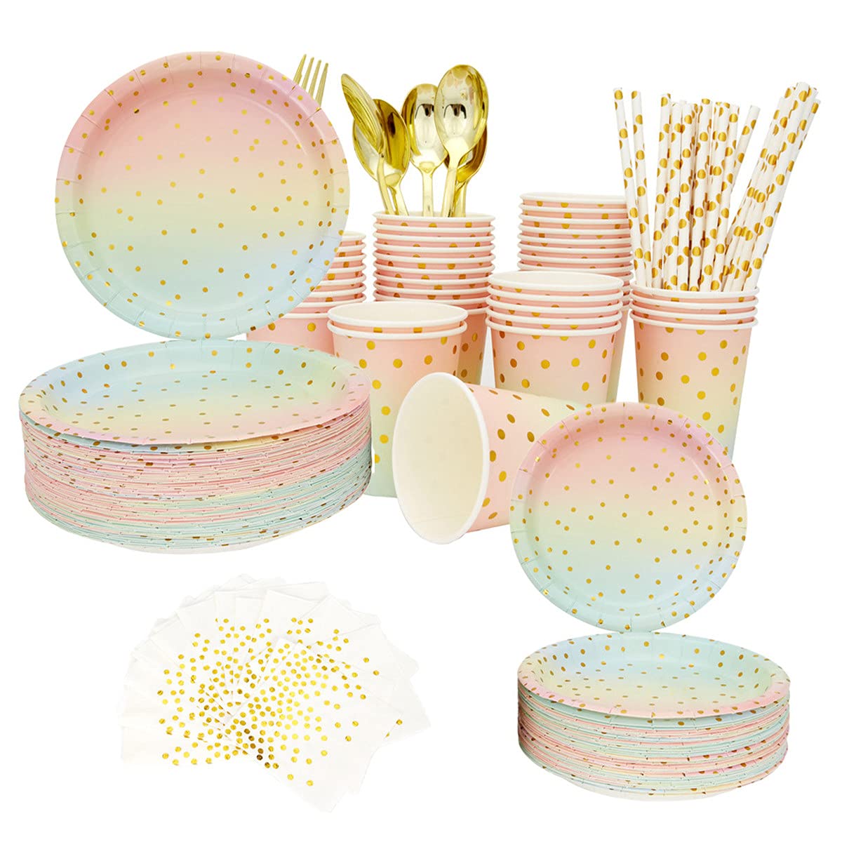 200 Pcs Golden Dot Party Supplies Kit - Includes Plates, Napkins, Cups, Forks, Spoons, Knives & Straws - Serves 25 Guests - Perfect for Bridal Showers, Weddings, Birthday Parties & Rainbow Themed Events