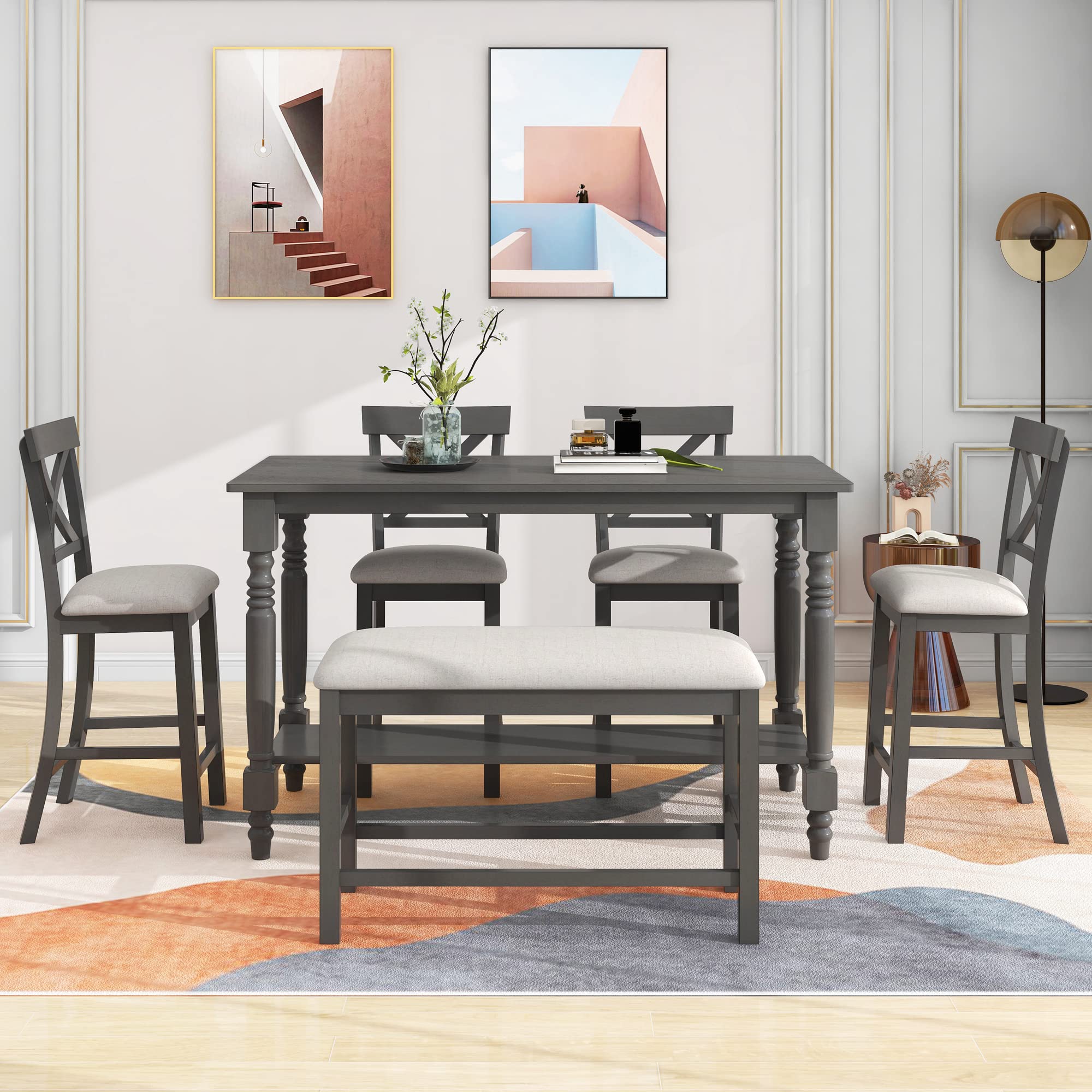 Merax 6-Piece Solid Wood Counter Height Dining Set with Shelf - Kitchen Table & 4 Upholstered Chairs + Bench for Breakfast Nook, Small Space Dining Room & Kitchen Island Seating