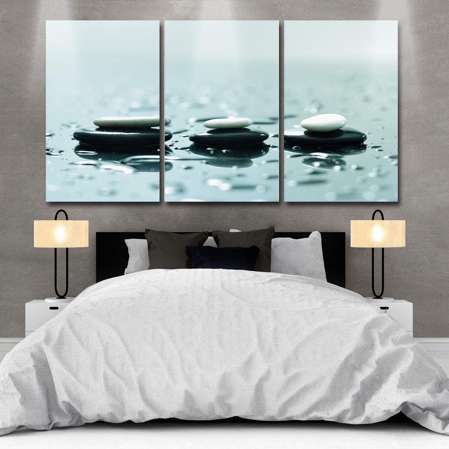 3 Piece Canvas Wall Art - Zen Stones on Water - Modern Gallery Wrapped Canvas Prints - Stretched & Framed Ready to Hang - 12