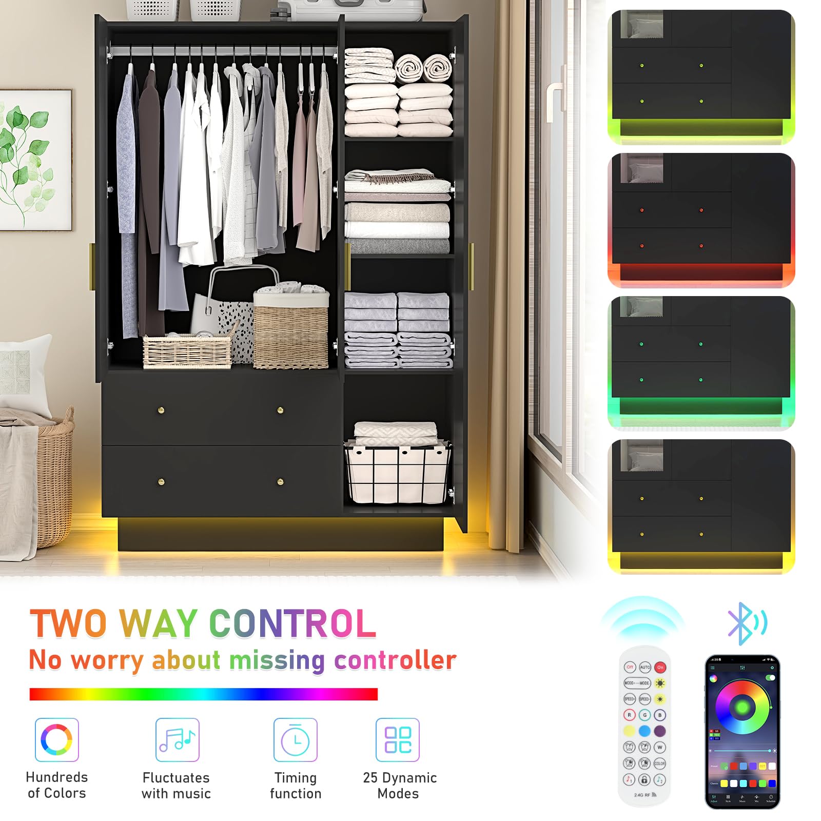 Modern 3-Door Wardrobe Closet with Full-Length Mirror & LED Lights - Wooden Armoire with Drawers, Shelves & Hanging Rod - Black Bedroom Storage Solution for Clothes, Shoes & Accessories | Perfect for Master Bedroom, Guest Room or Dorm Organization