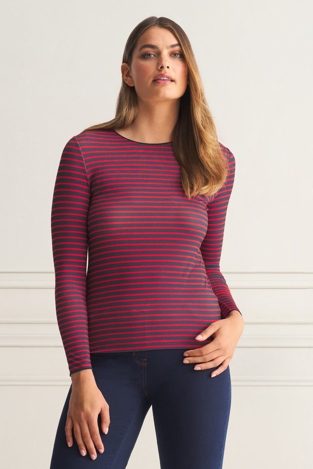 Long Sleeve Crew Neck T-Shirt - Red & Navy Striped Cotton Top for Men & Women | Casual Wear, Layering, Office Outfits