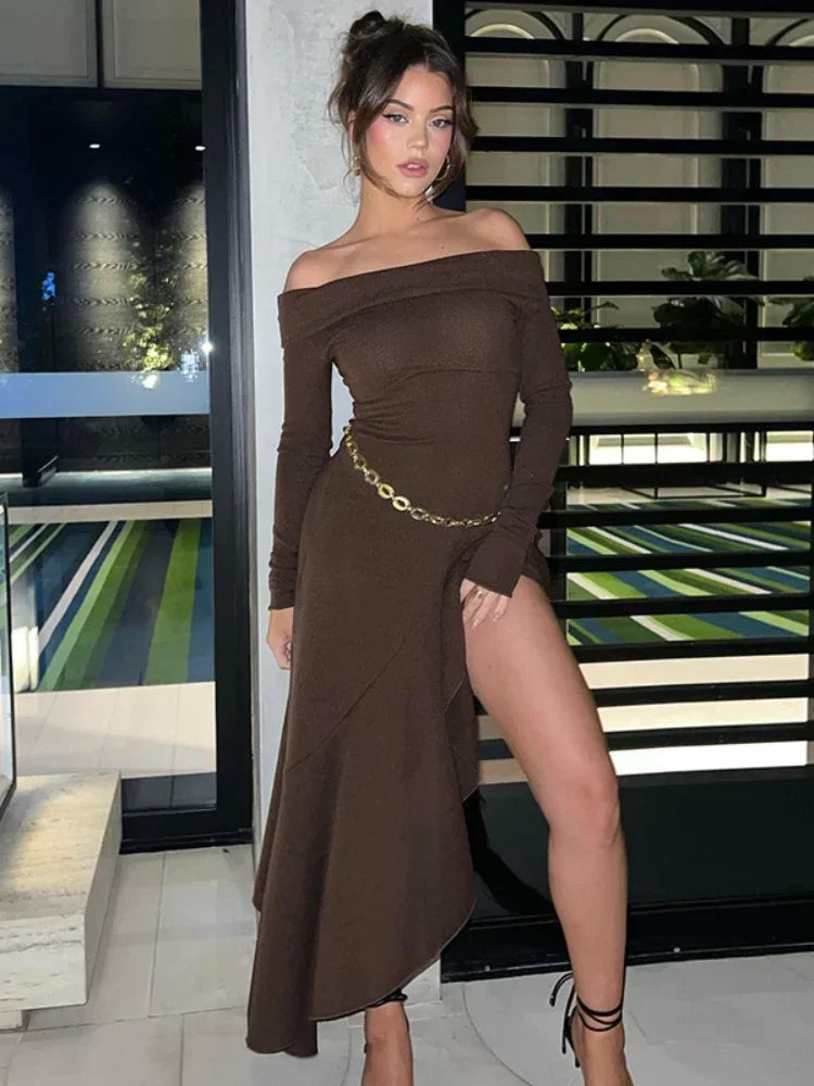 Sexy Y2K Asymmetrical Ruffle Flare Dress - Off Shoulder Long Sleeve Maxi Dress for Women | 2023 Fall Fashion Trend | Perfect for Date Night, Party & Special Occasions