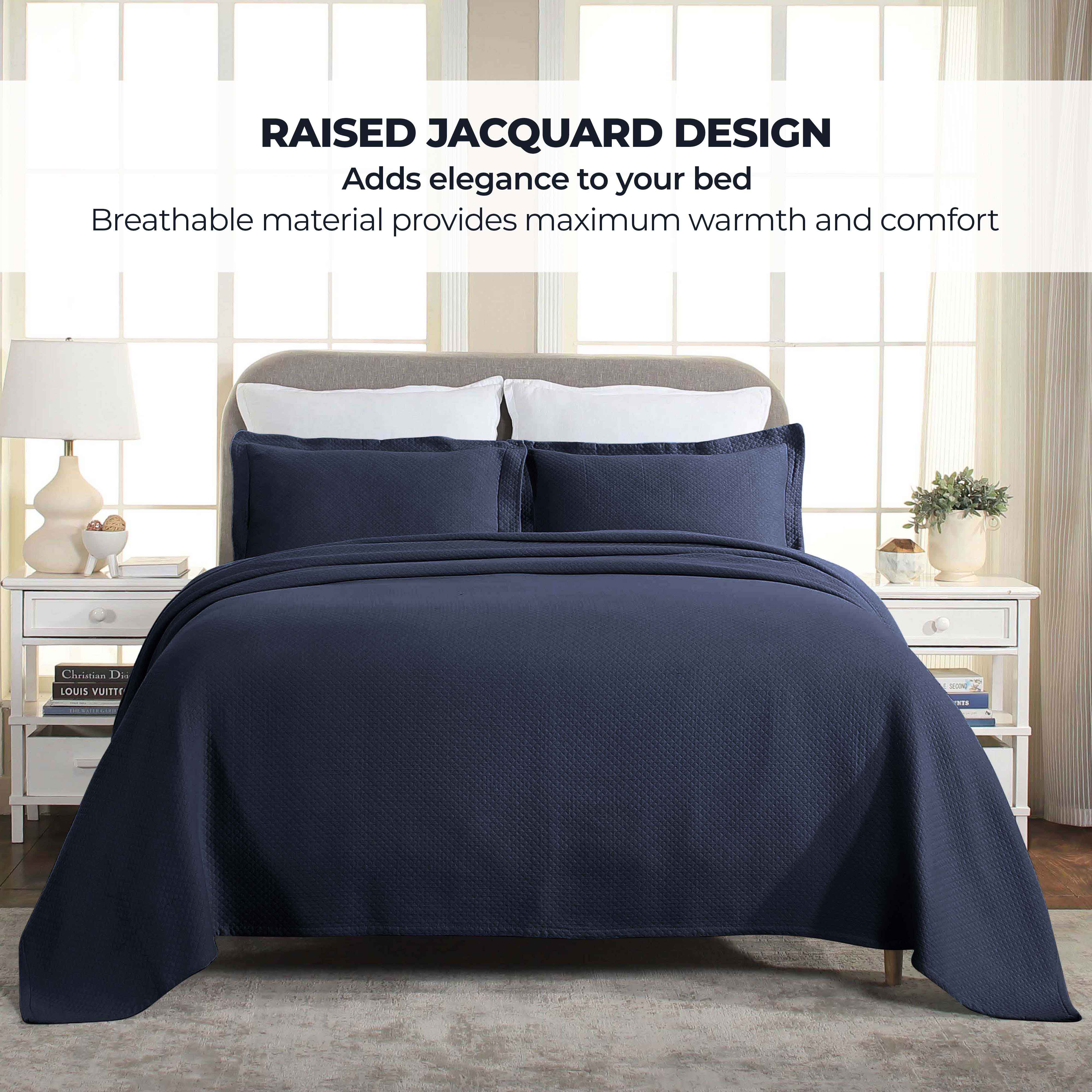 Luxury Jacquard Matelassé Cotton Diamond Solitaire Bedspread Set - Queen Size Bedding Coverlet for Master Bedroom, Guest Room & Hotel Decor