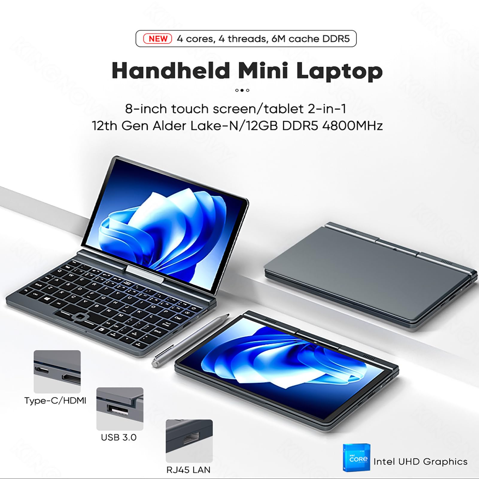 8 Inch Mini Handheld Laptop - 12th Gen Intel N100 Processor, 12GB DDR5 RAM, Windows 11, IPS Touch Screen, WiFi 6, BT5.2, 2-in-1 Tablet PC with Stylus - Perfect for Gaming, Work & Travel