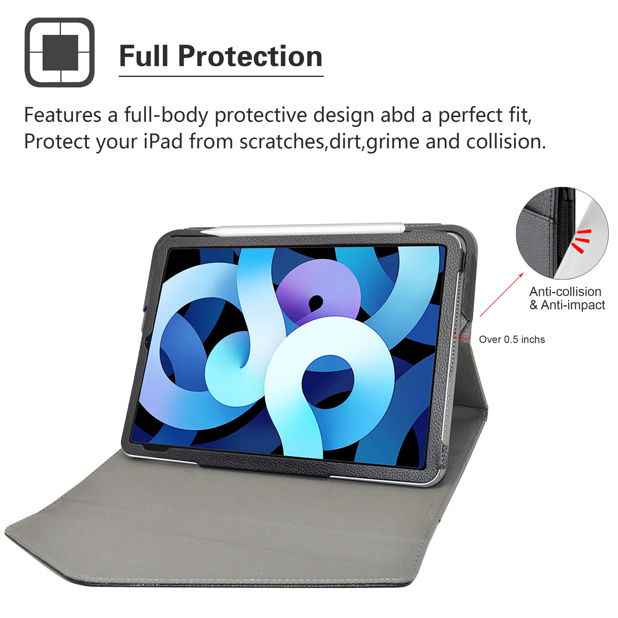 Premium Detachable Folio Case for iPad Air 10.9 Inch (4th/5th Gen 2020/2022) - Multi-Angle Stand, Auto Sleep/Wake, Storage Pocket - Perfect for Work, Study & Travel - Black