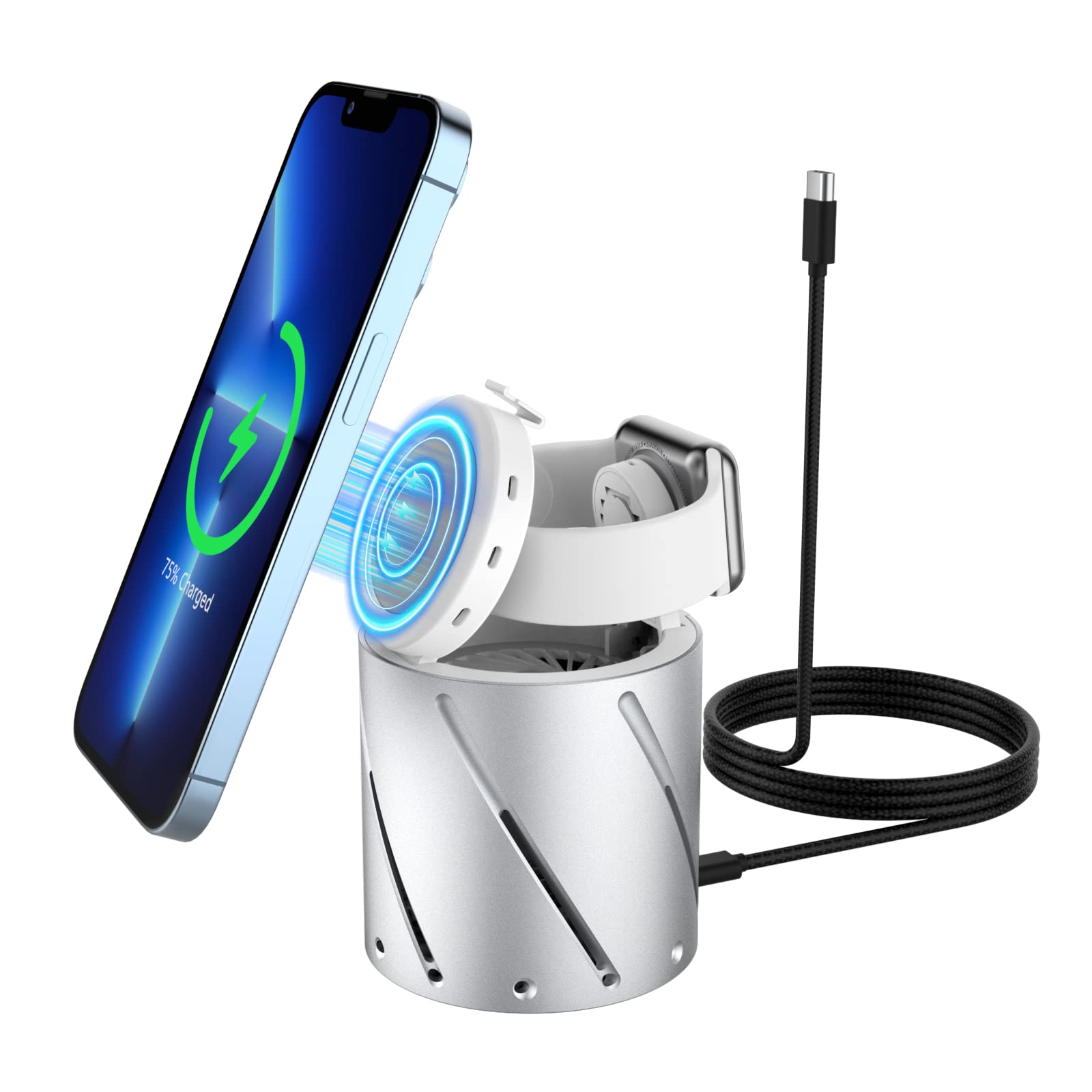 MoKo 2-in-1 Magnetic Wireless Charging Stand - Fast 15W Magsafe Charger for iPhone 14/13/12 Pro Max/Mini, Apple Watch Series 7/6/5/4/3/2/SE & AirPods 3/2/Pro - Foldable Desktop Charging Station for Home, Office & Travel