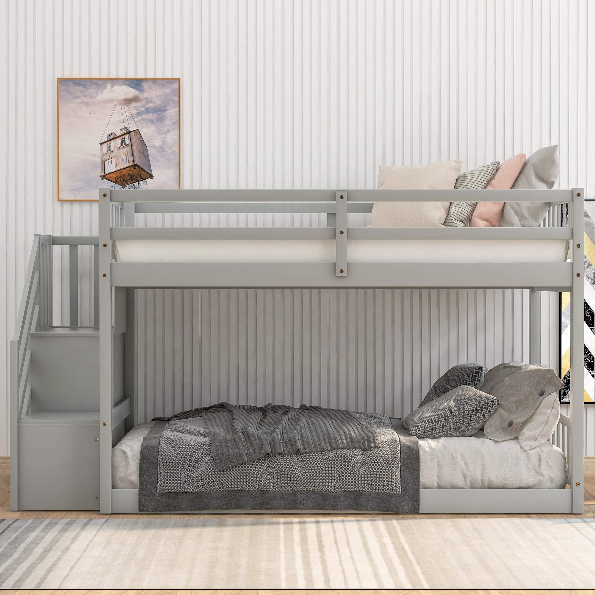 Harper & Bright Designs Twin Over Twin Low Bunk Bed with Stairs & Storage - Sturdy Wooden Kids Bunk Bed for Girls and Boys in Gray - Perfect for Small Bedrooms, Shared Kids Rooms & Space-Saving Sleep Solutions