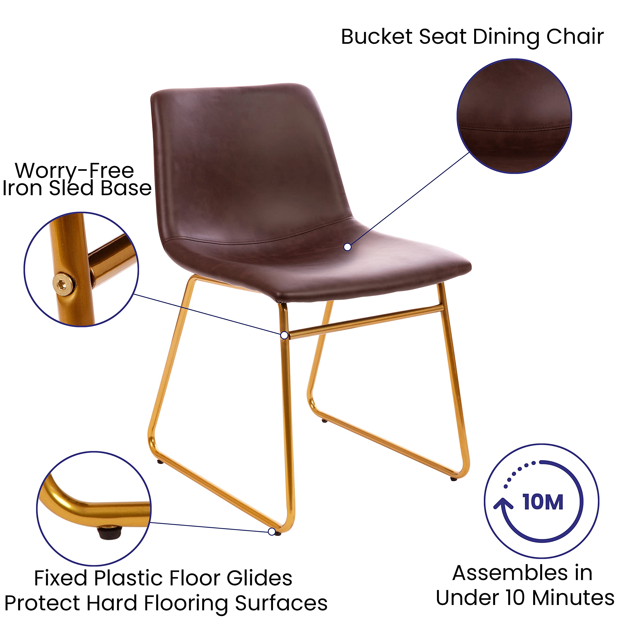 EMMA + OLIVER 18 Inch Indoor Dining Chairs Set of 2 - Dark Brown LeatherSoft Upholstery with Gold Metal Frame - Modern Kitchen & Breakfast Nook Seating