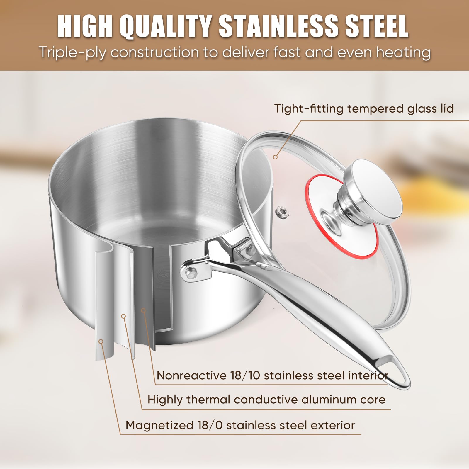 E-far 1Qt & 2Qt Stainless Steel Tri-Ply Saucepan Set with Lid - Induction Ready Heavy Duty Cookware for Pasta, Milk, Soup - Perfect for Small Kitchen & Daily Cooking