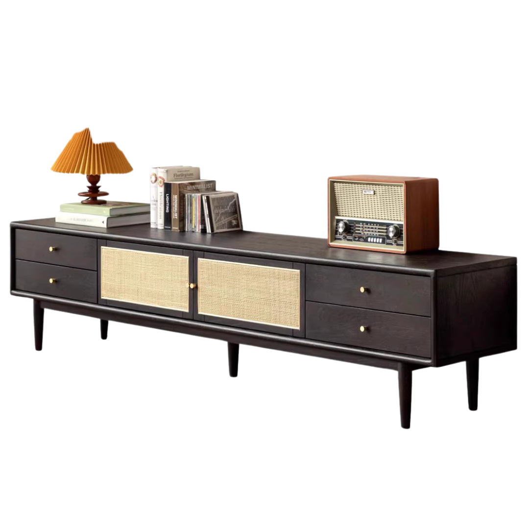 Solid Oak Wood Rattan TV Stand with 4 Drawers - Smoked Finish for Living Room, Bedroom & Home Theater Storage