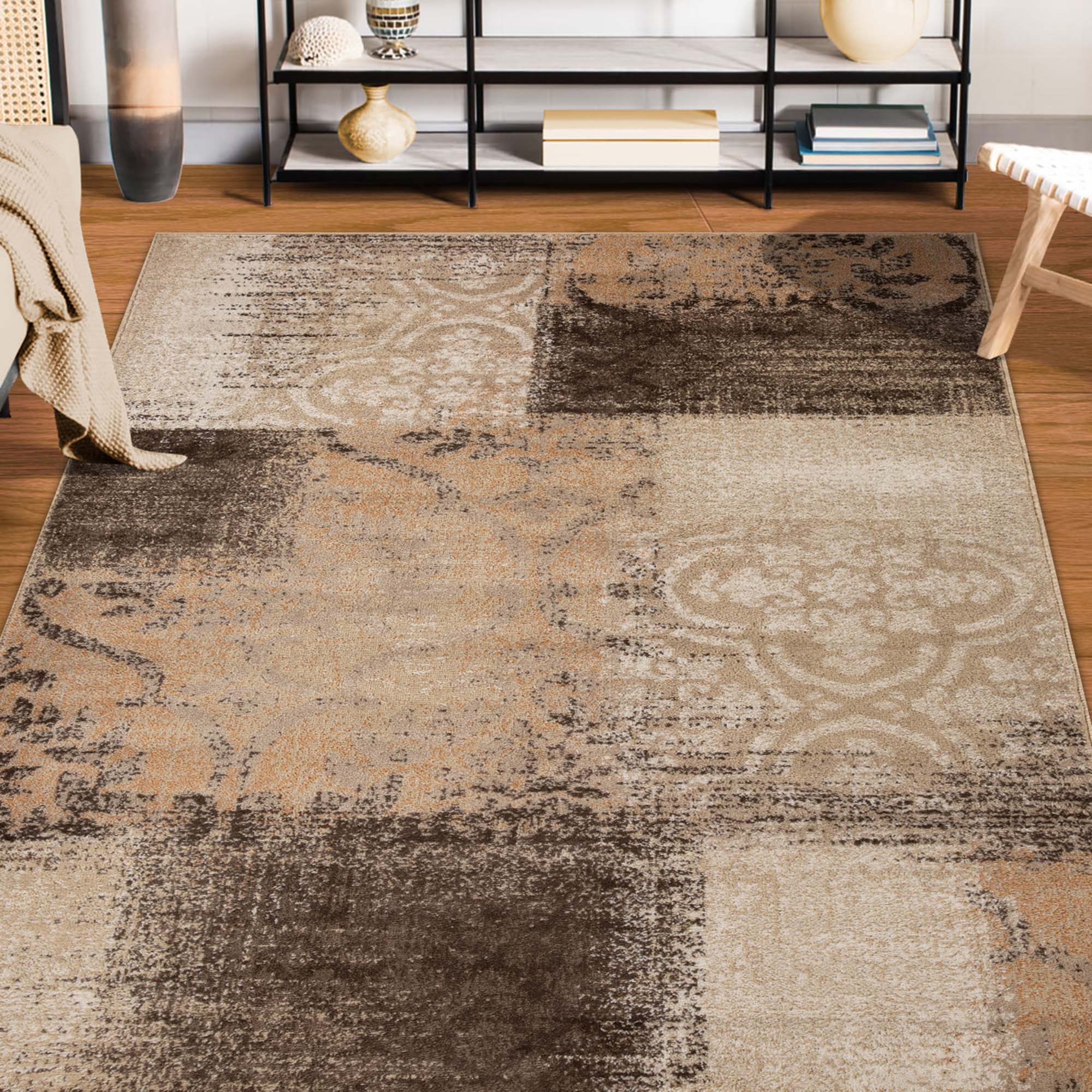 Bristol Distressed Abstract Damask Indoor Area Rug - Non-Slip Living Room Carpet Runner for Bedroom, Hallway & Entryway Decor