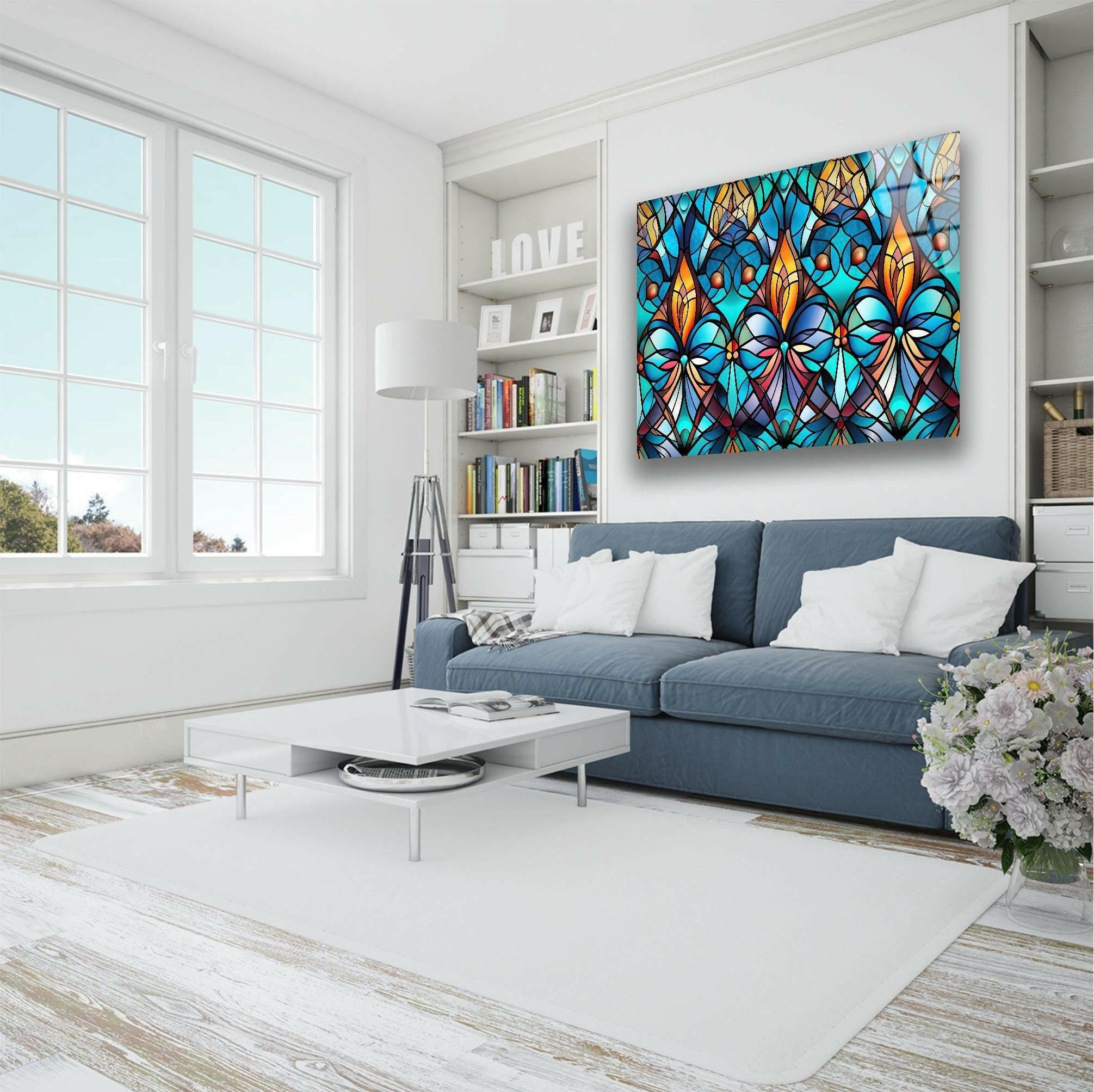 Handmade Blue Stained Glass Wall Art - Elegant Tiffany Style Window Panel Decor for Living Room, Bedroom & Church - Perfect for Home, Office & Wedding Decorations