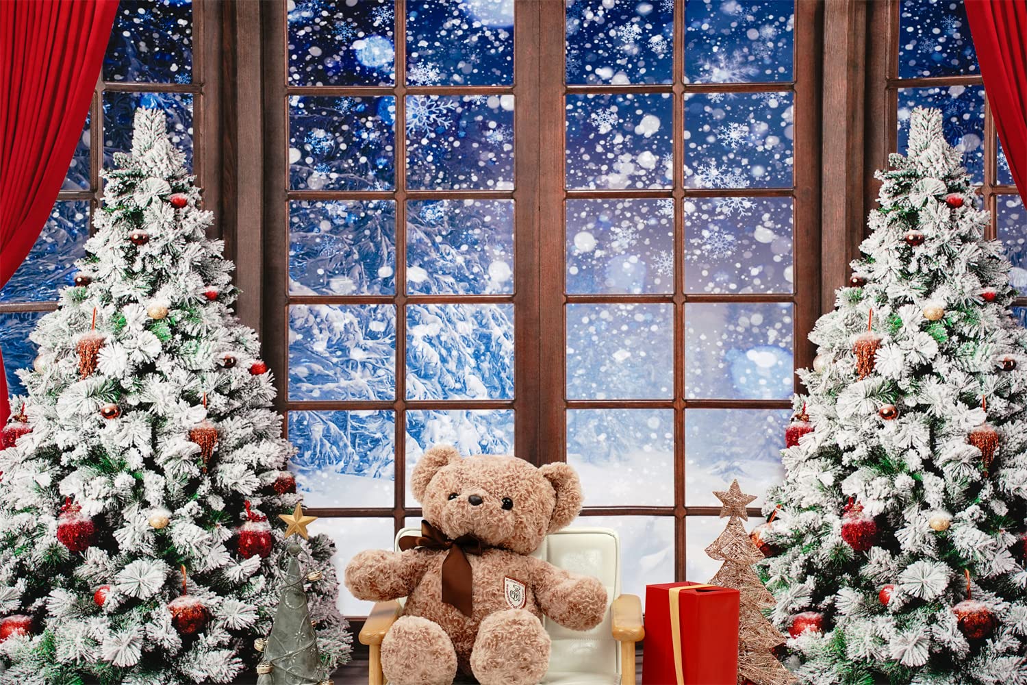 8x8ft Winter Christmas Tree Photo Backdrop with Wooden Window & Snow Scene - Snowflake Photography Background for Studio Props | Perfect for Holiday Portraits, Family Photos & Christmas Card Pictures